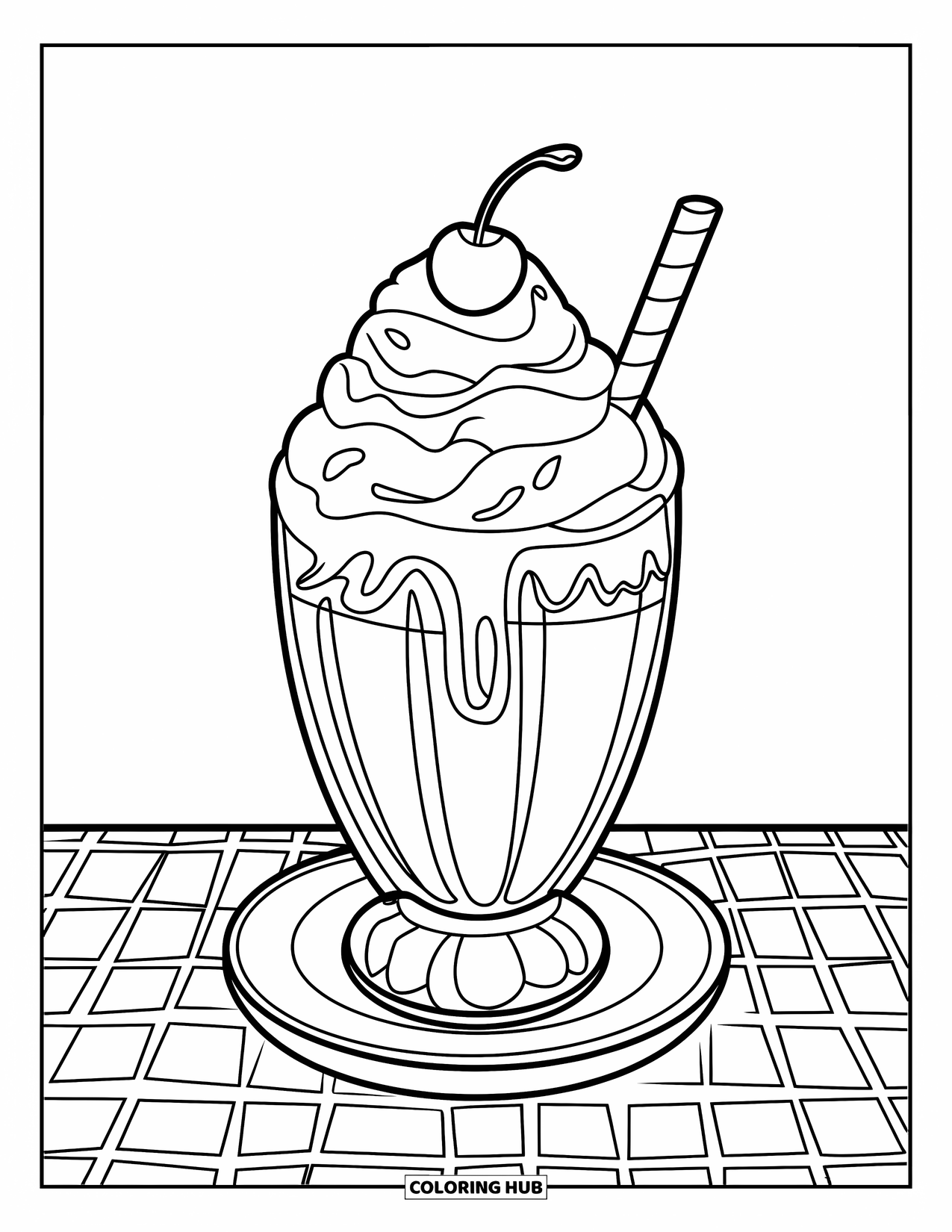 Drink Coloring Page for Kids: A milkshake with whipped cream and a cherry sits in a bowl on a checkered tablecloth