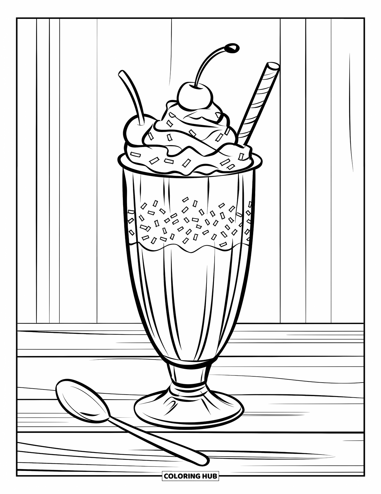 Drink Coloring Page for Kids: A milkshake with whipped cream, sprinkles, and a cherry sits on a wooden surface