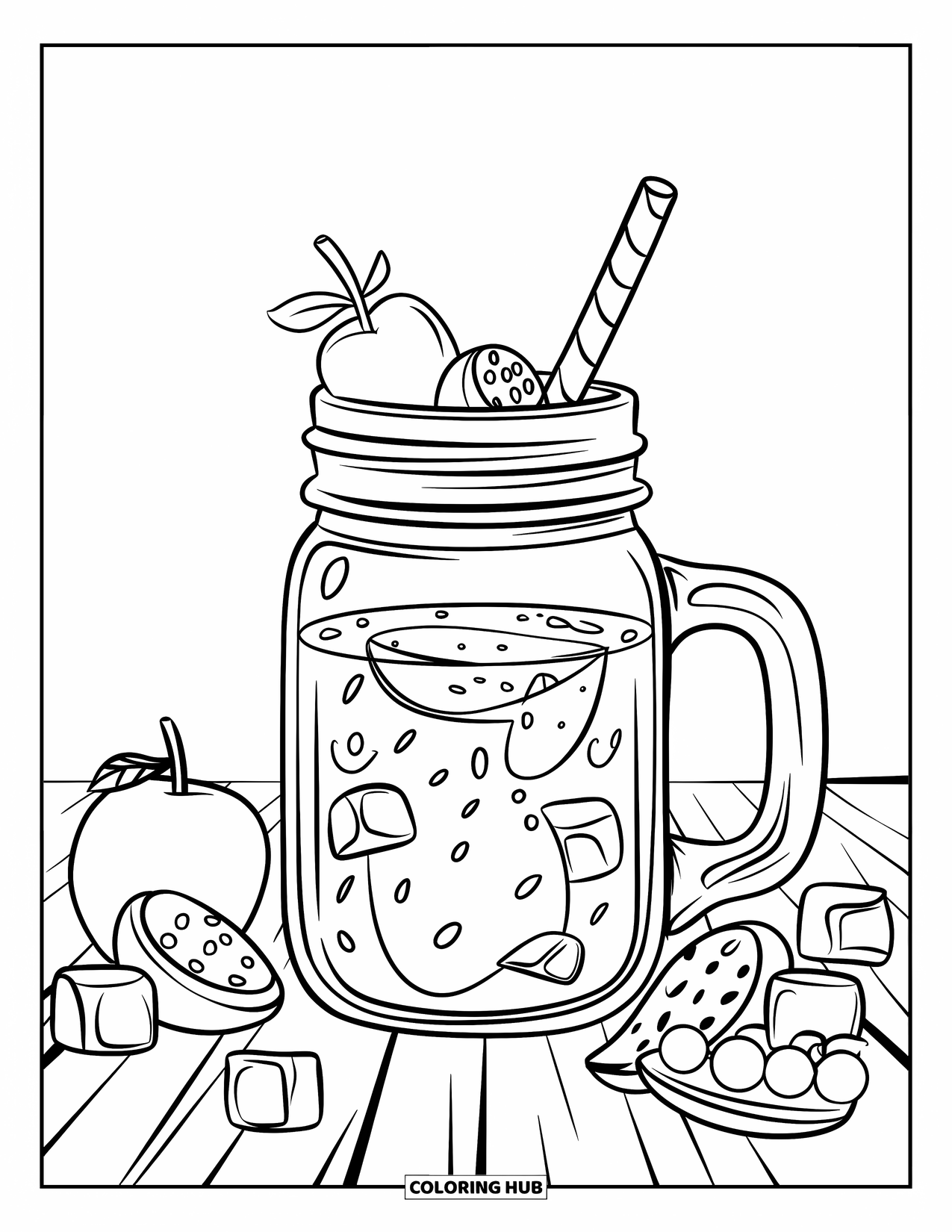Drink Coloring Page for Kids: A smoothie-filled mason jar rests on a wooden table, surrounded by fresh fruits and ice cubes