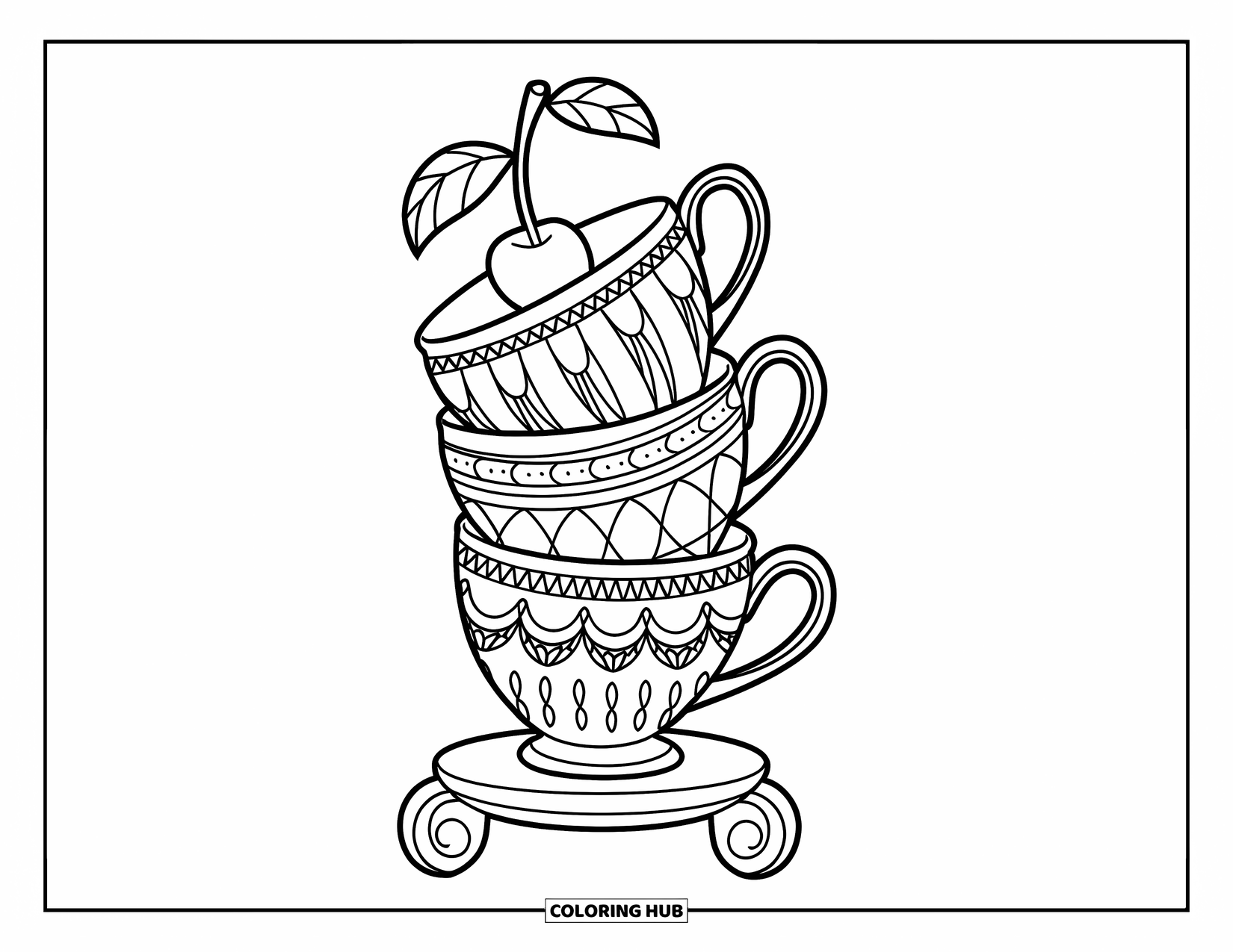 Drink Coloring Page for Kids: A stack of decorative teacups with a cherry on top rests on a wooden stand