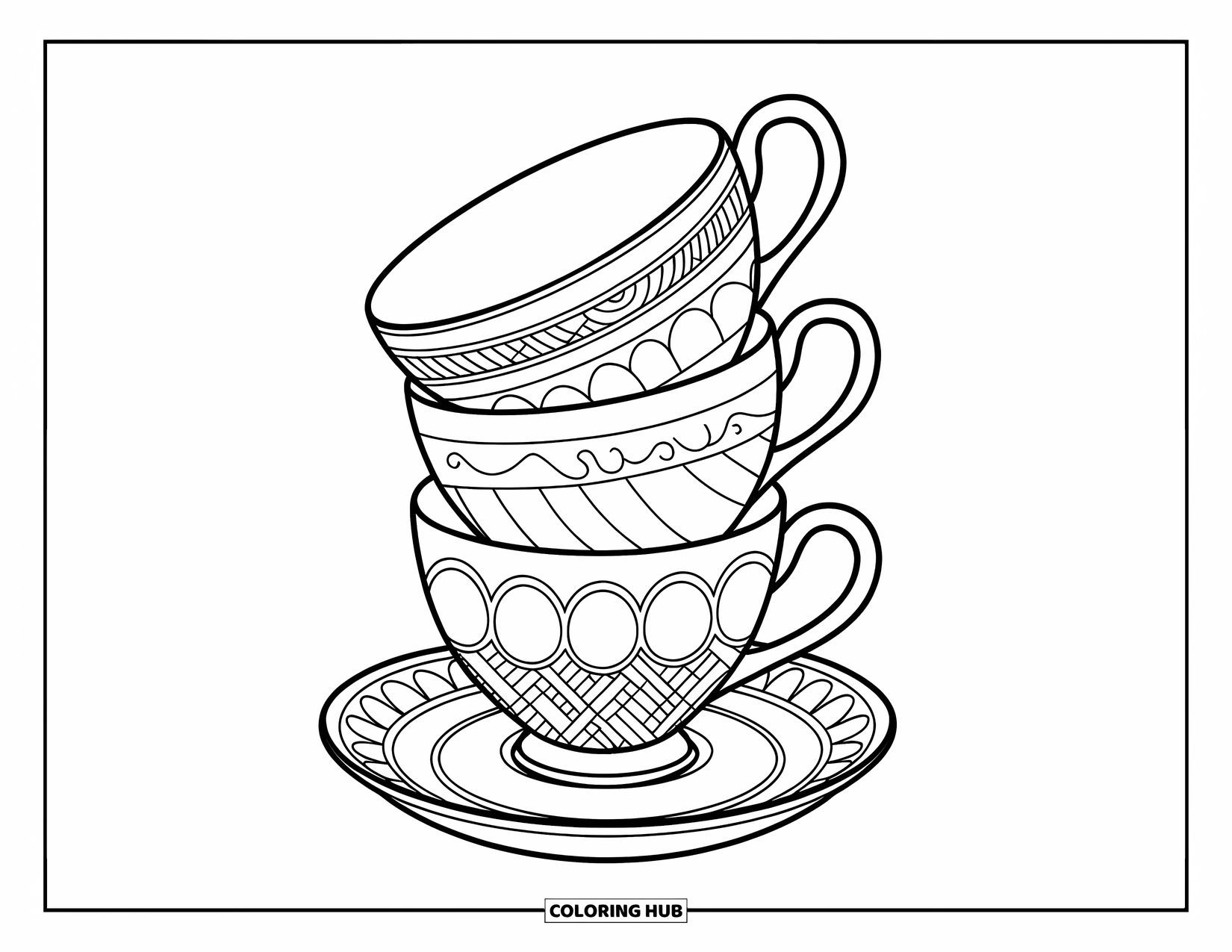 Drink Coloring Page for Kids: A stack of teacups with different patterns sits on a plate, slightly tilted for a playful look