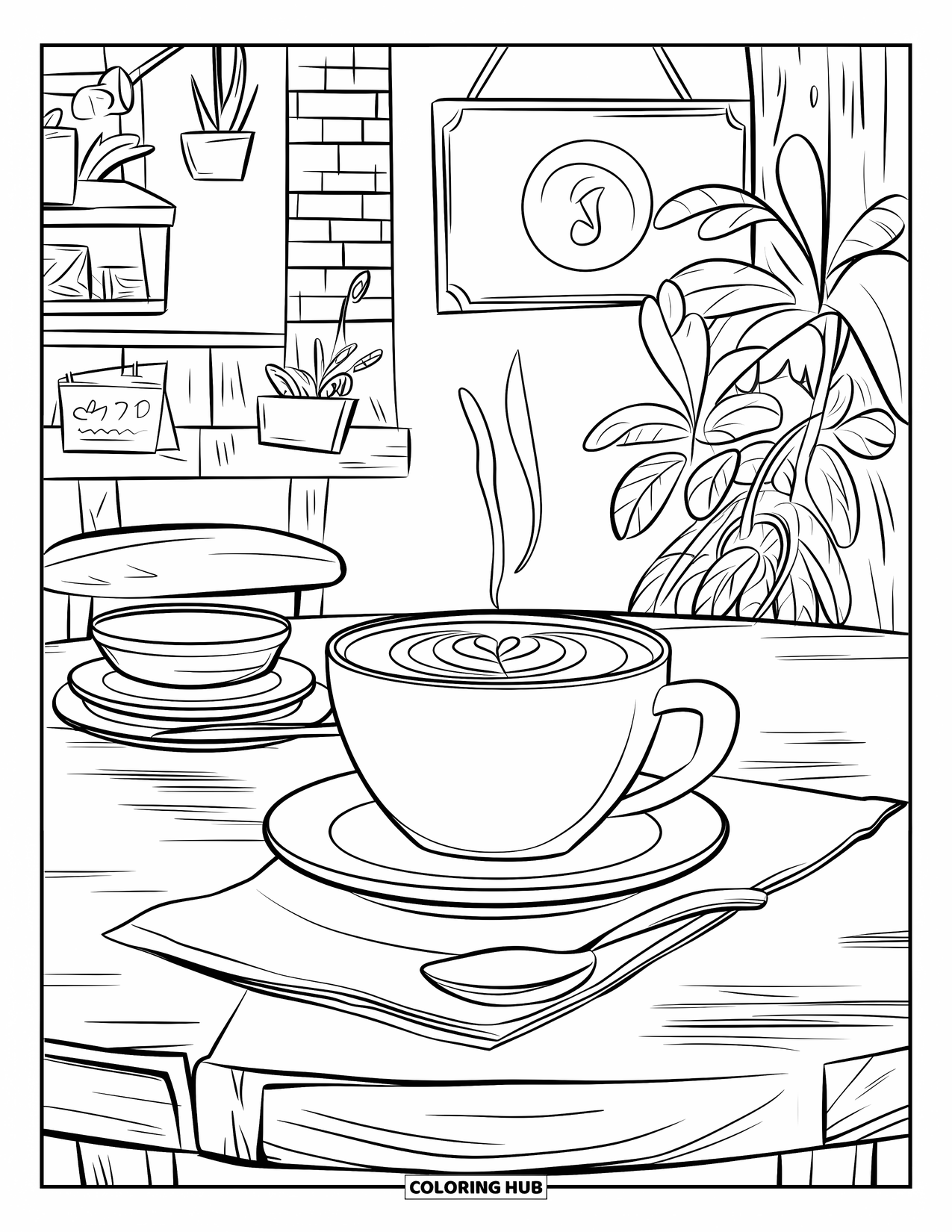 Drink Coloring Page for Kids: A steaming latte sits on a rustic table in a café setting with chairs and potted plants
