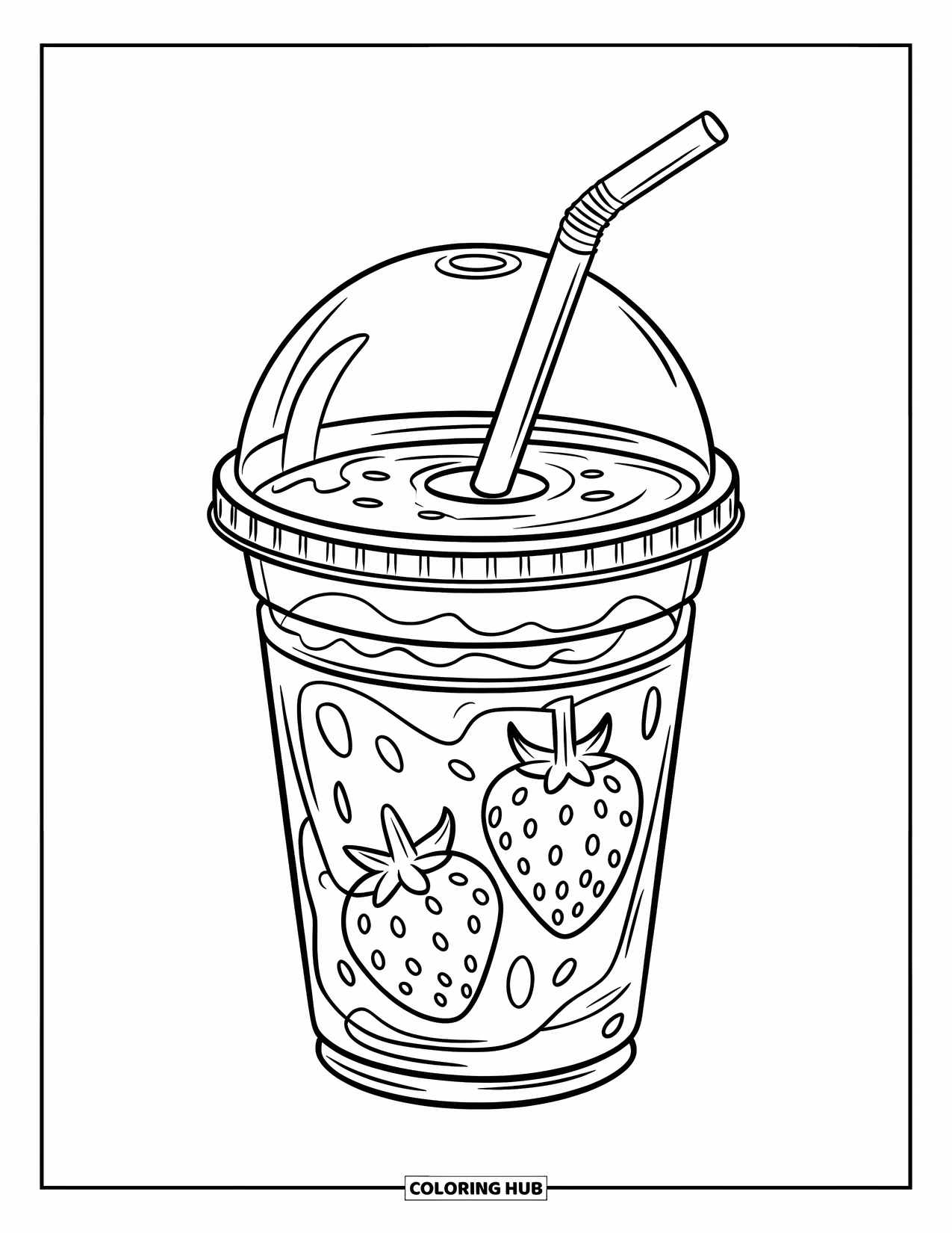 Drink Coloring Page for Kids: A strawberry smoothie in a plastic cup with a straw sits on a white background