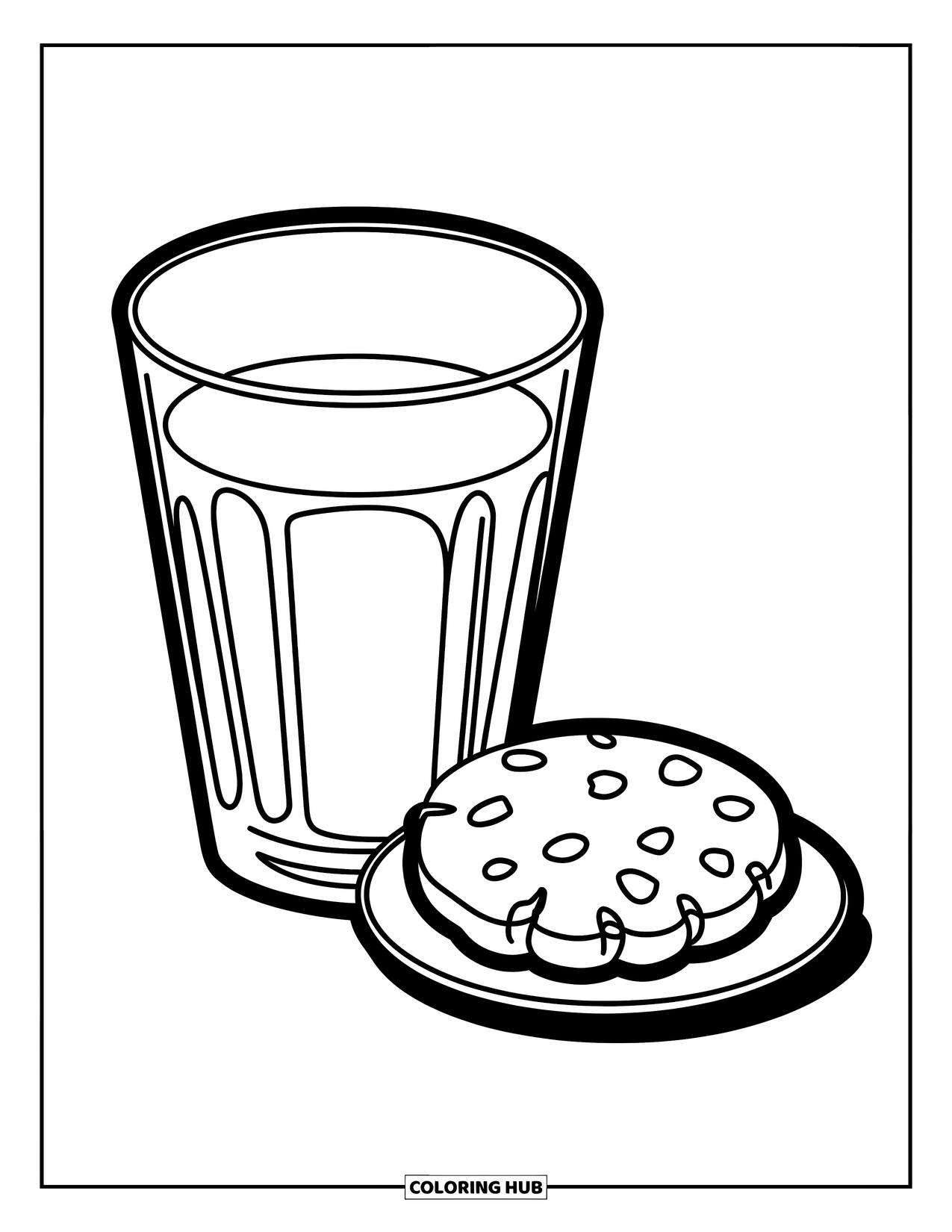 Drink Coloring Page for Kids: A tall glass of milk with a cookie on a saucer sits on a white background