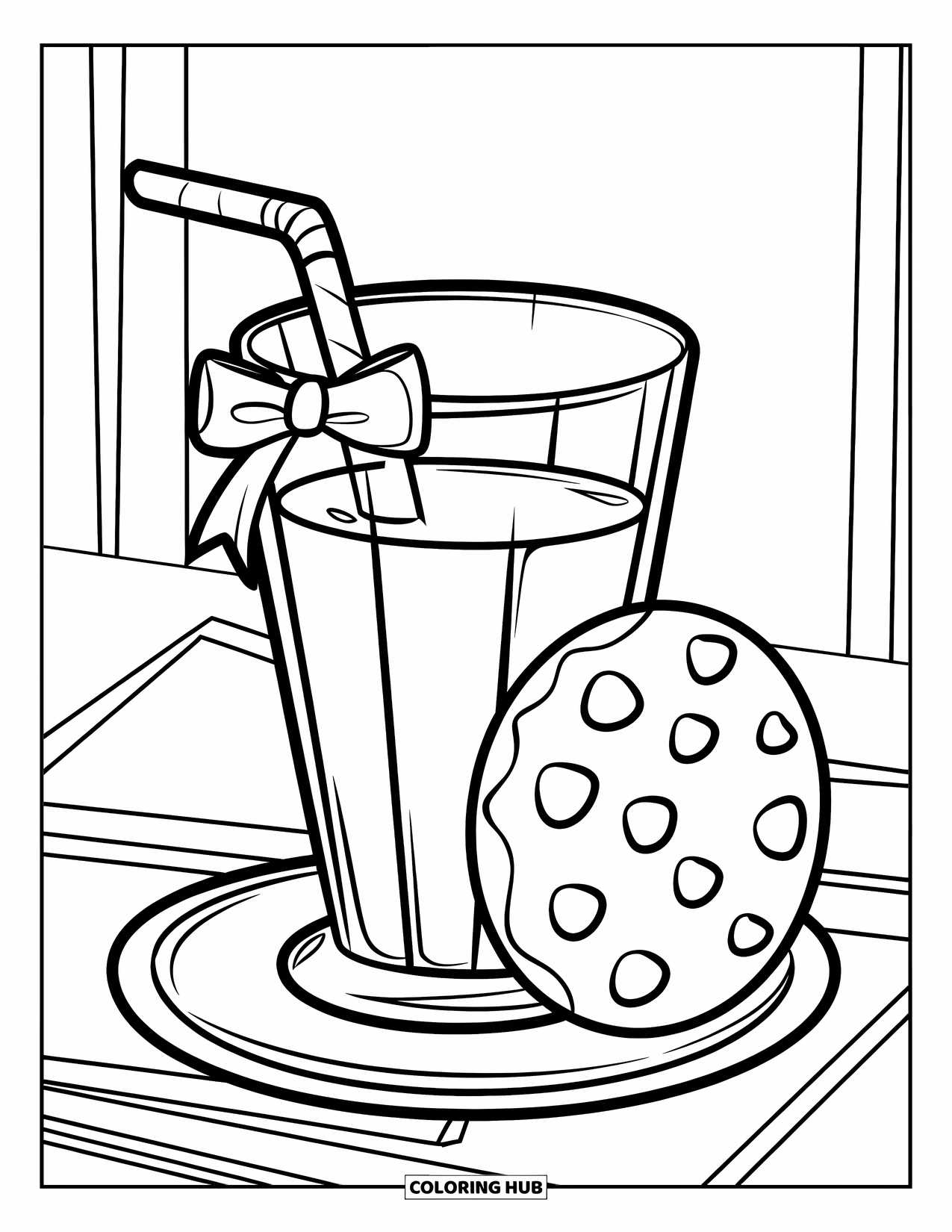 Drink Coloring Page for Kids: A tall glass of milk with a straw and chocolate chip cookie sits on a plain white background