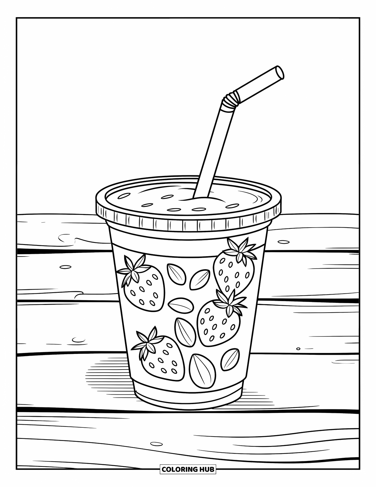 Drink Coloring Page for Kids: A thick strawberry smoothie in a plastic cup with a straw sits on a wooden surface