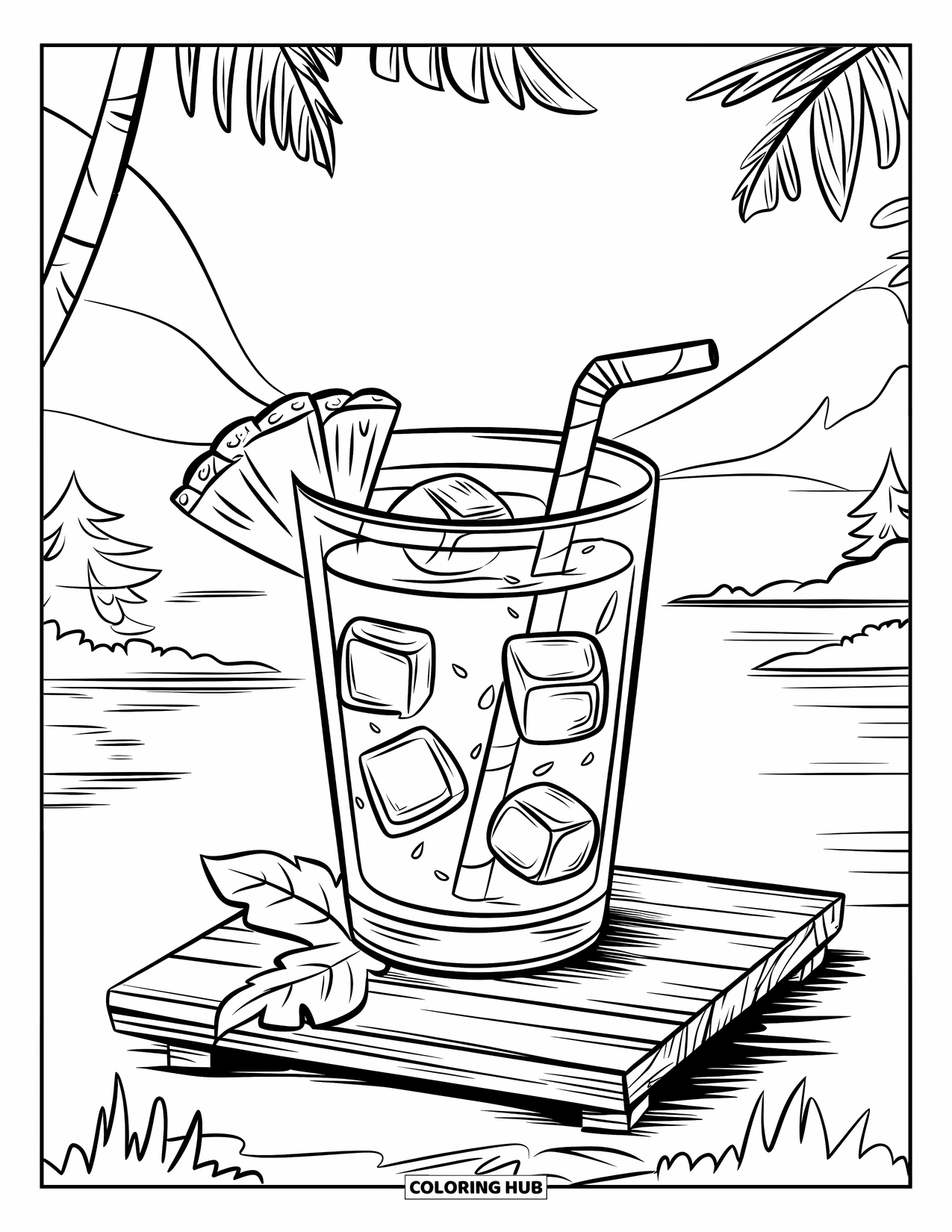 Drink Coloring Page for Kids: A tropical juice glass with ice and pineapple sits on a wooden plank in a peaceful setting
