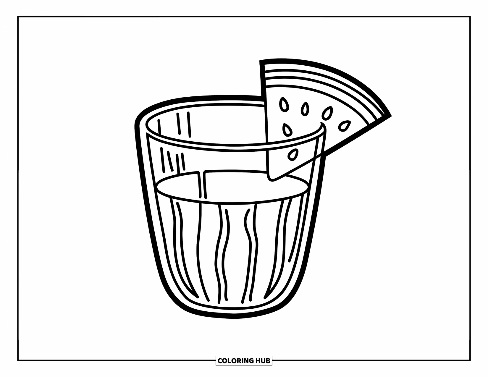 Drink Coloring Page for Kids: A watermelon juice glass with a wedge on the rim and a straw rests on a plate