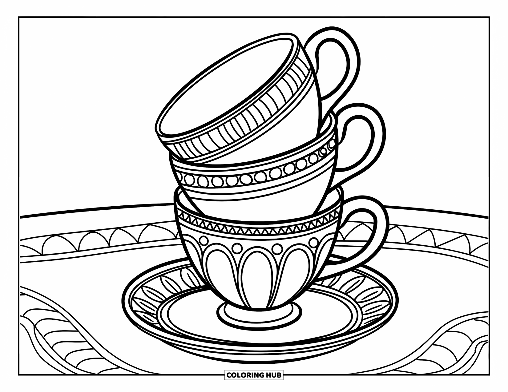 Drink Coloring Page for Kids: A whimsical stack of teacups with intricate patterns balances on a wooden platter