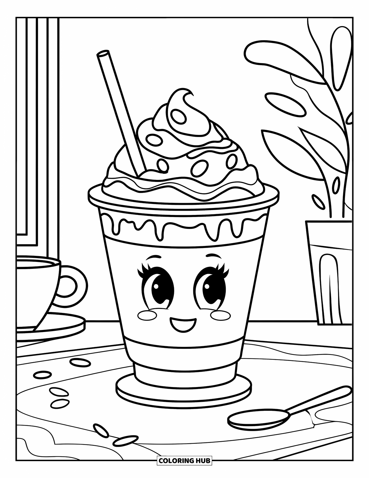 Drink Coloring Page for Kids: An iced coffee with a cute, cartoonish face sits in a café setting with a plant and spoon