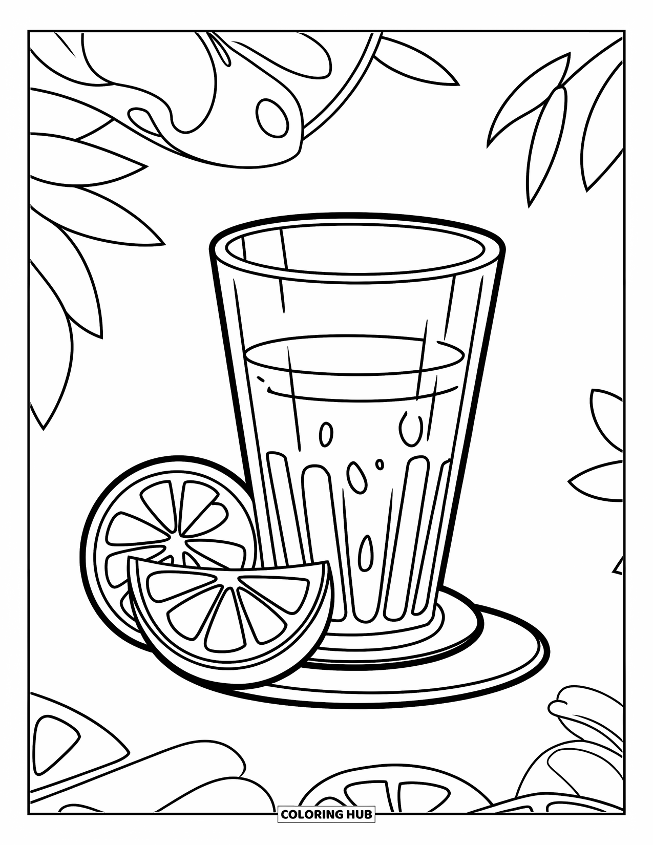 Drink Coloring Page for Kids: An orange juice glass with two slices sits on a circular base with bold, crisp outlines