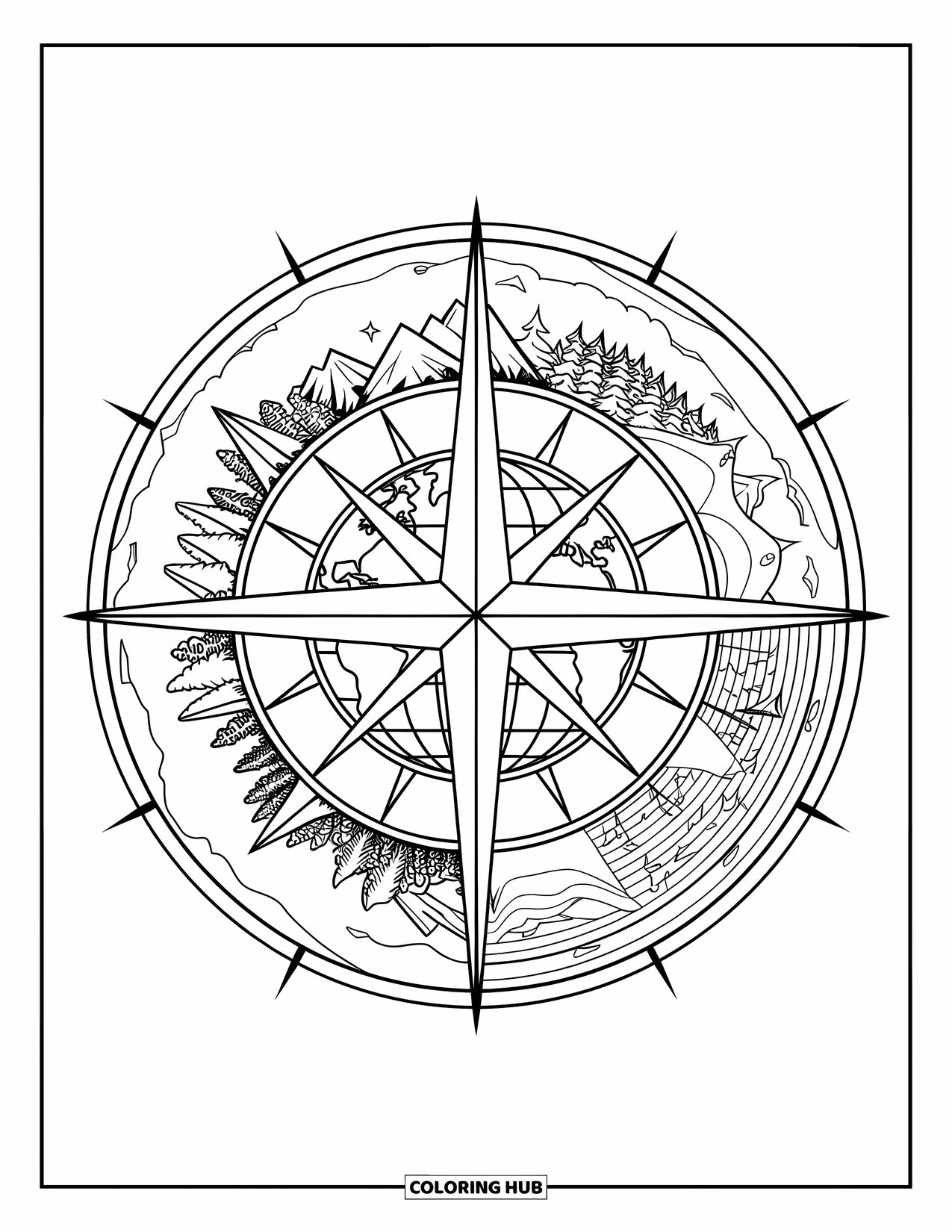 Earth Coloring Page for Adults: A compass with Earth at its center, showing landscapes of mountains, oceans, forests, and deserts