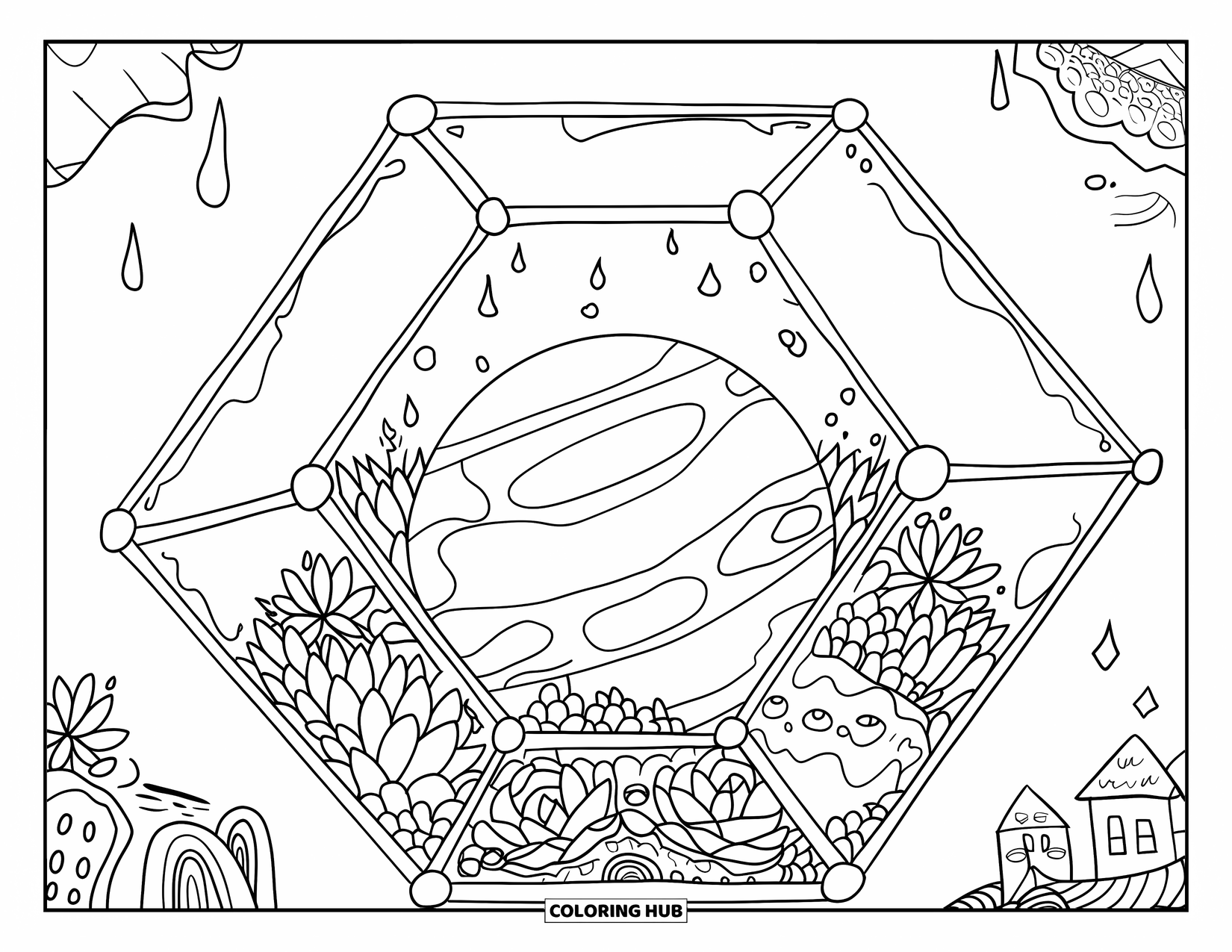 Earth Coloring Page for Adults: A planet in a geometric terrarium with succulents, flowers, water droplets, and cute elements