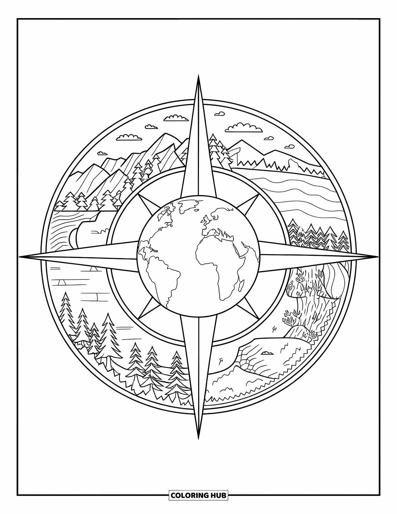 Earth Coloring Page for Adults: A vintage-style compass with Earth at the center, surrounded by landscapes of mountains, oceans, and forests