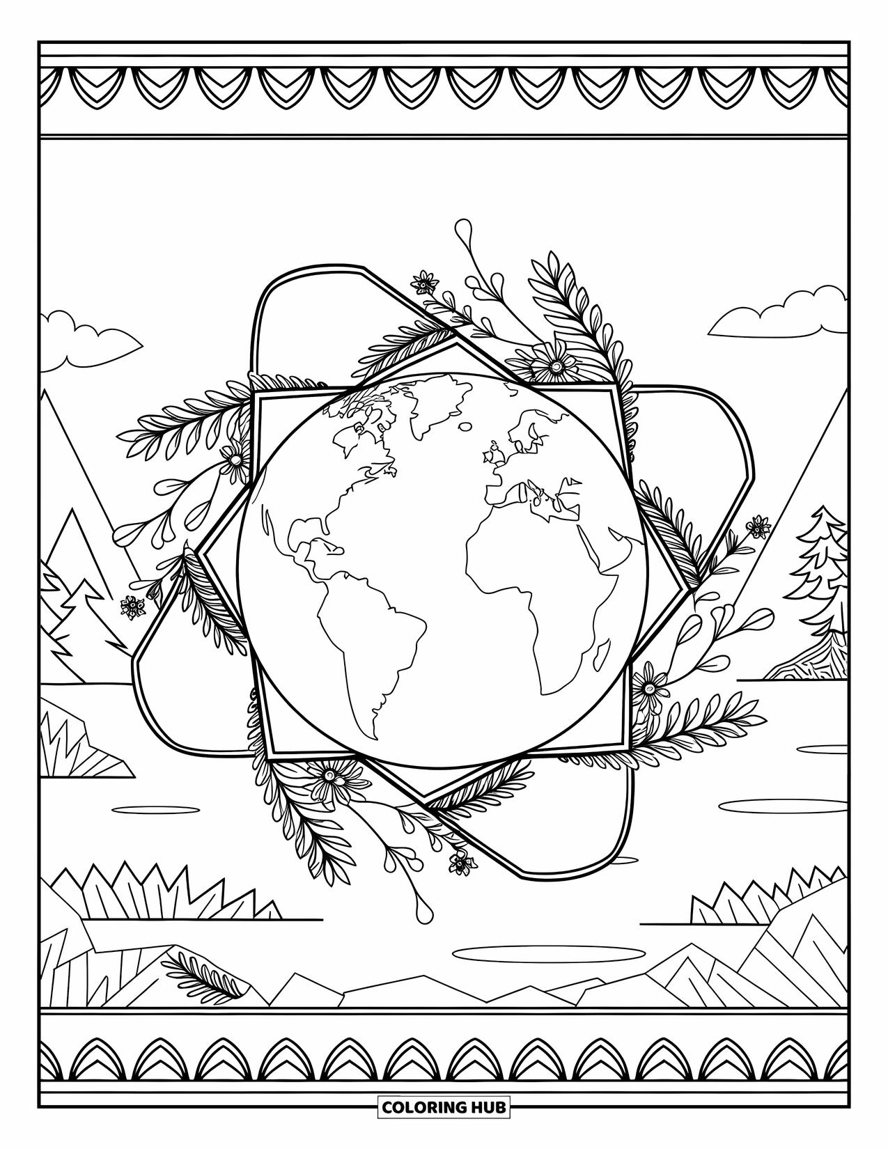 Earth Coloring Page for Adults: Earth framed by geometric shapes, intertwined with leaves, flowers, and a serene landscape