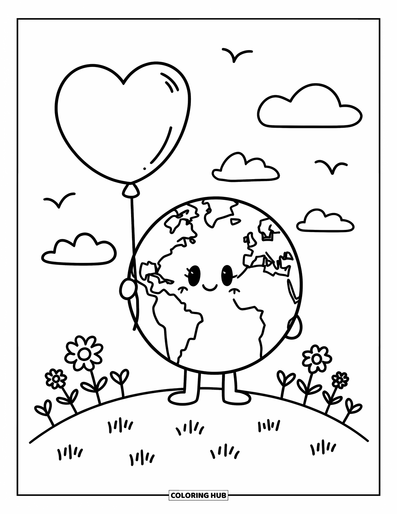 Earth Coloring Page for Adults: Earth holding a heart-shaped balloon, standing on a grassy hill with flowers and clouds