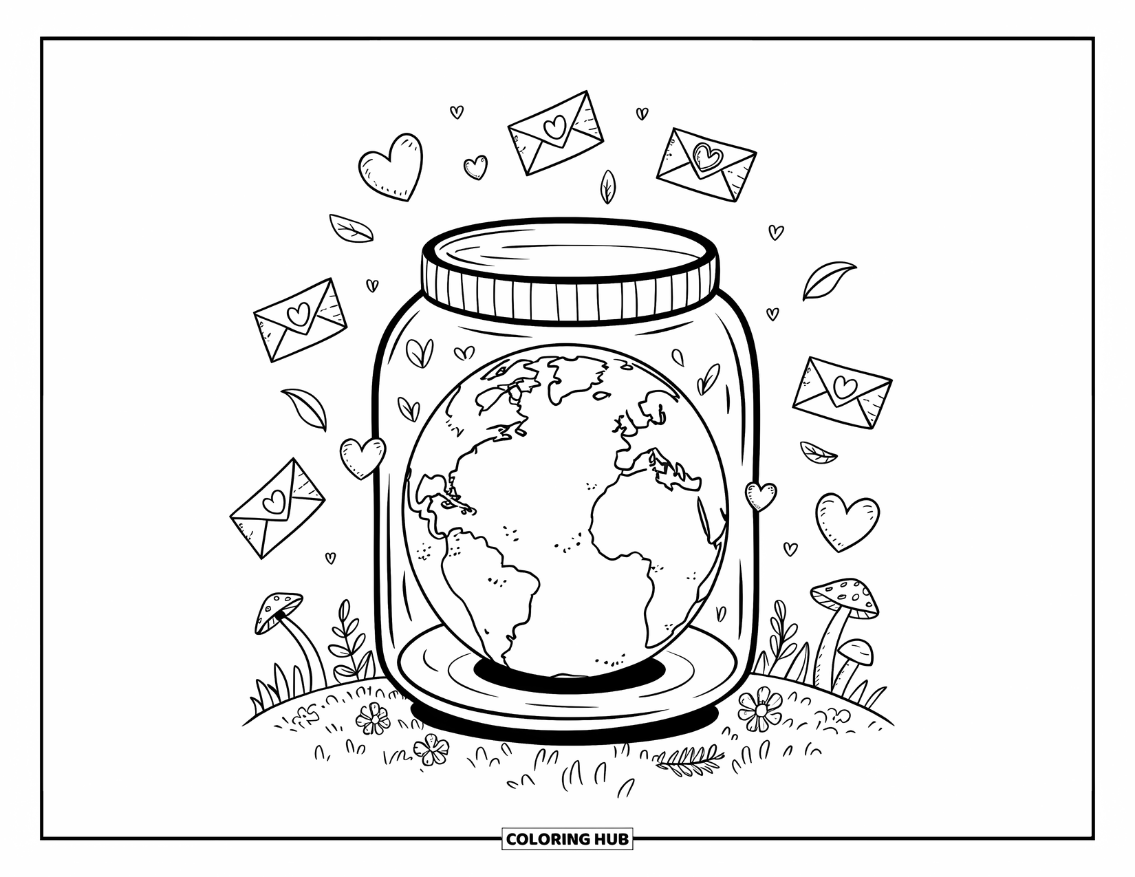 Earth Coloring Page for Adults: Earth in a wish jar, with hearts, envelopes, leaves, and a patch of grass with flowers
