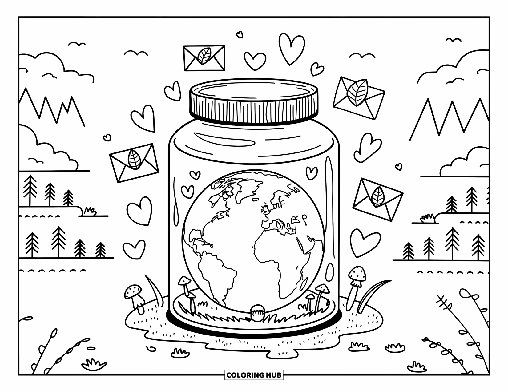 Earth Coloring Page for Adults: Earth in a wish jar, with hearts, envelopes, leaves, and a serene landscape with trees and water