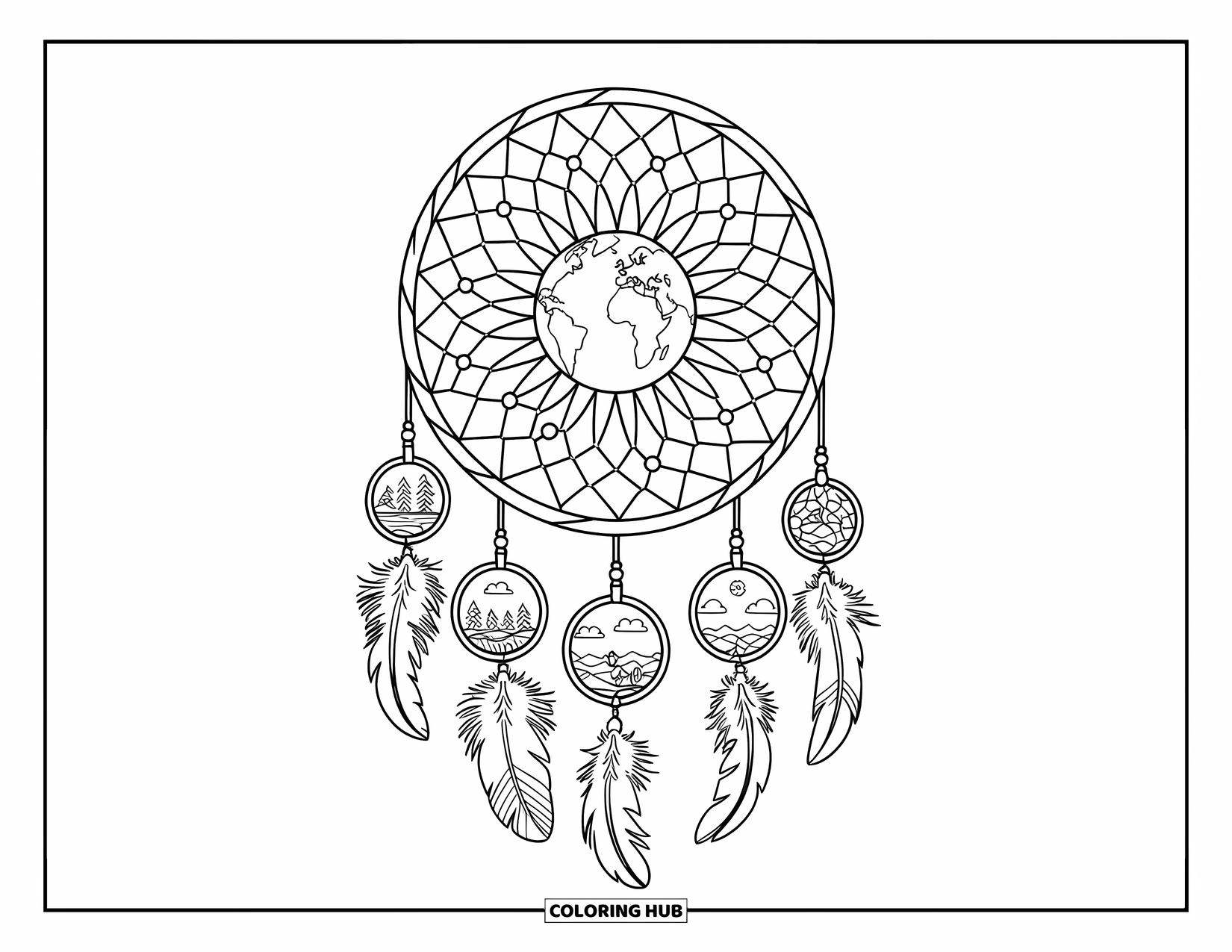 Earth Coloring Page for Adults: Earth inside a dreamcatcher, surrounded by feathers, beads, and scenes of nature
