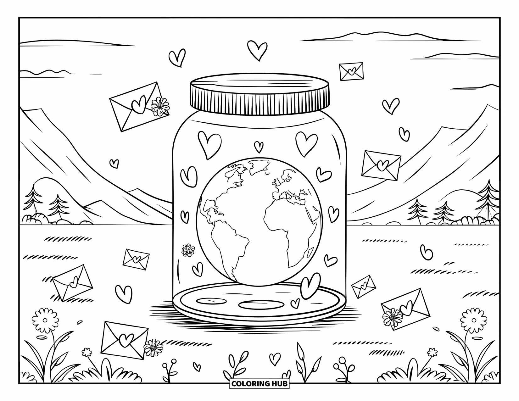 Earth Coloring Page for Adults: Earth inside a wish jar, surrounded by hearts, envelopes, leaves, flowers, and a serene landscape