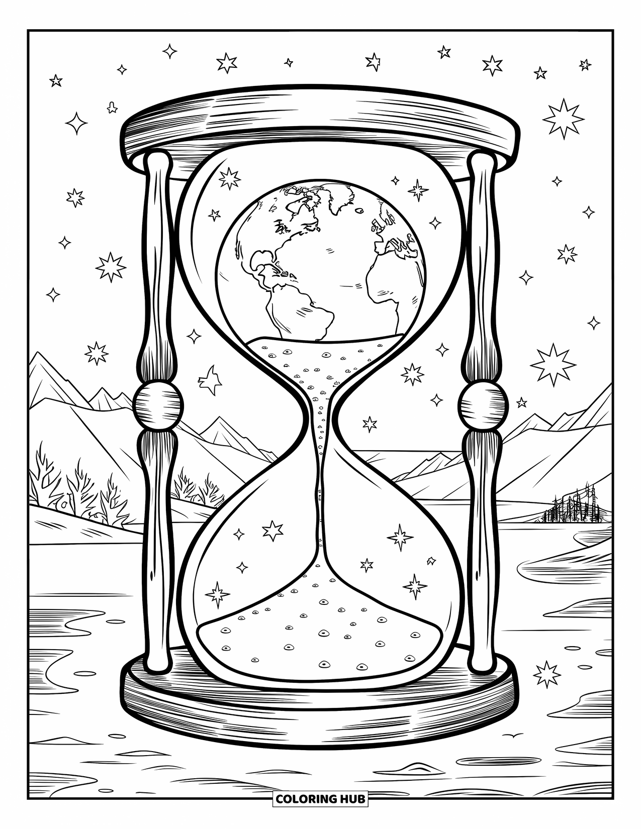 Earth Coloring Page for Adults: Earth inside an hourglass, with sand flowing and stars surrounding it, placed on a wooden stand
