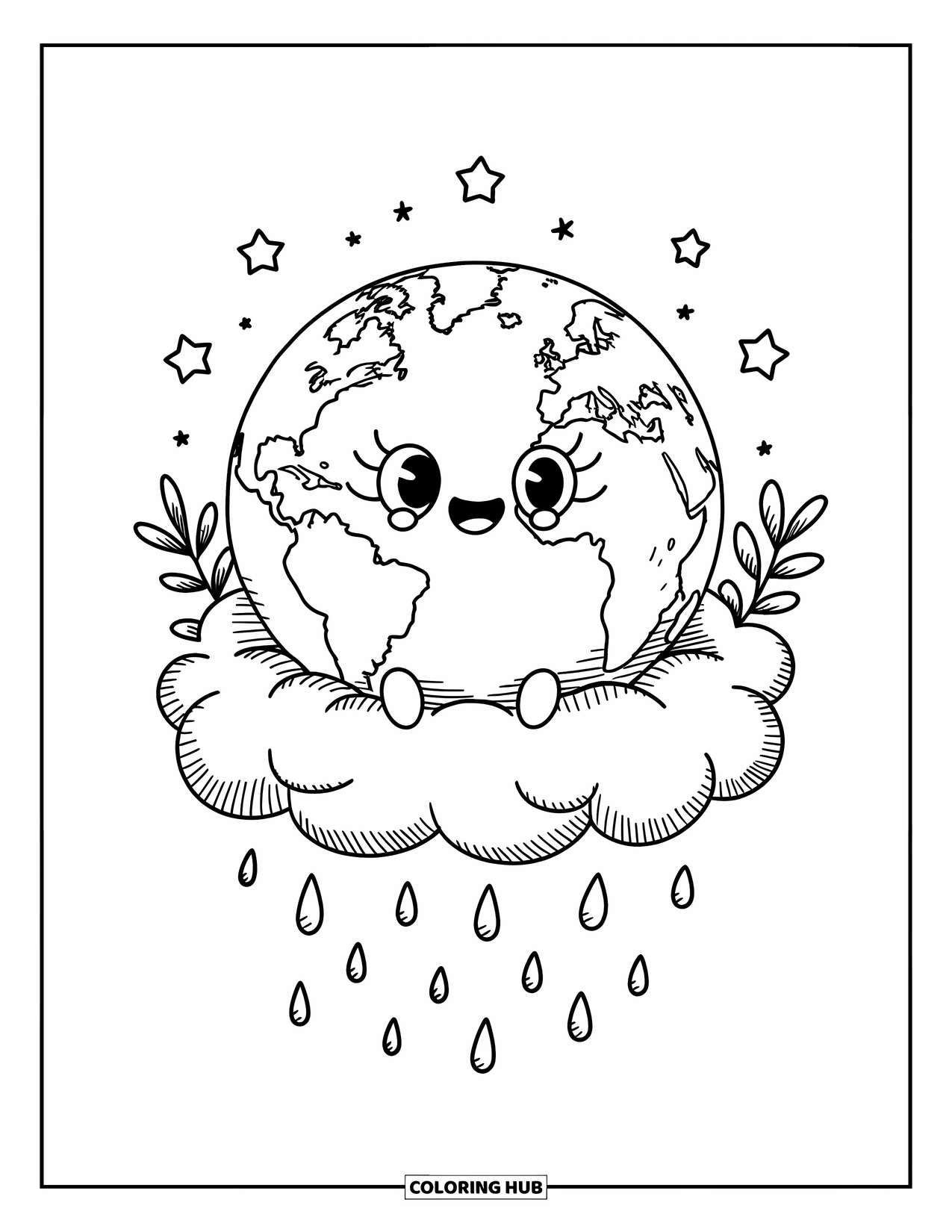 Earth Coloring Page for Adults: Earth on a fluffy cloud, with a smile, surrounded by plants, stars, and gentle raindrops falling