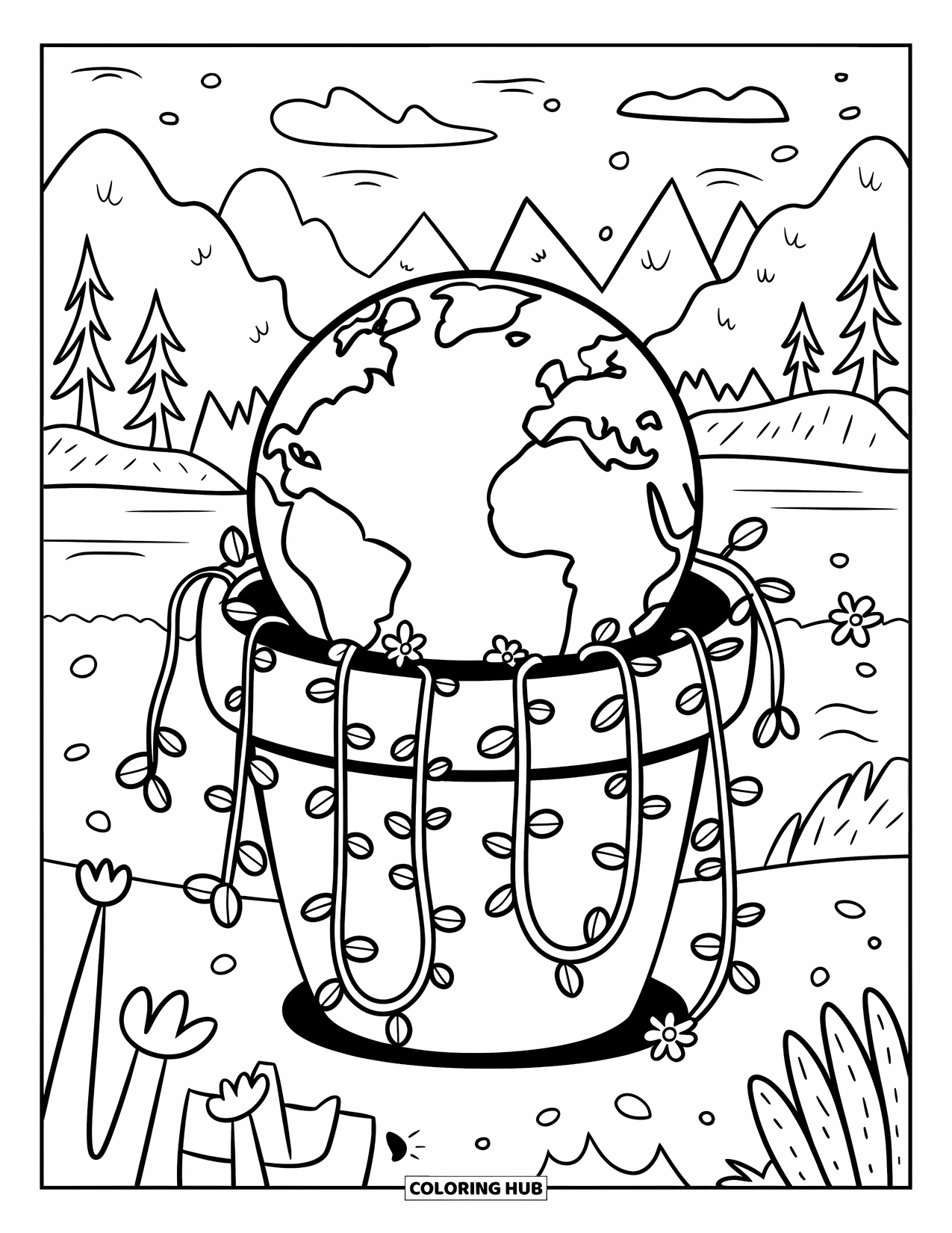 Earth Coloring Page for Adults: Earth peeking out of a flower pot, with vines and tiny blossoms, set against a serene landscape