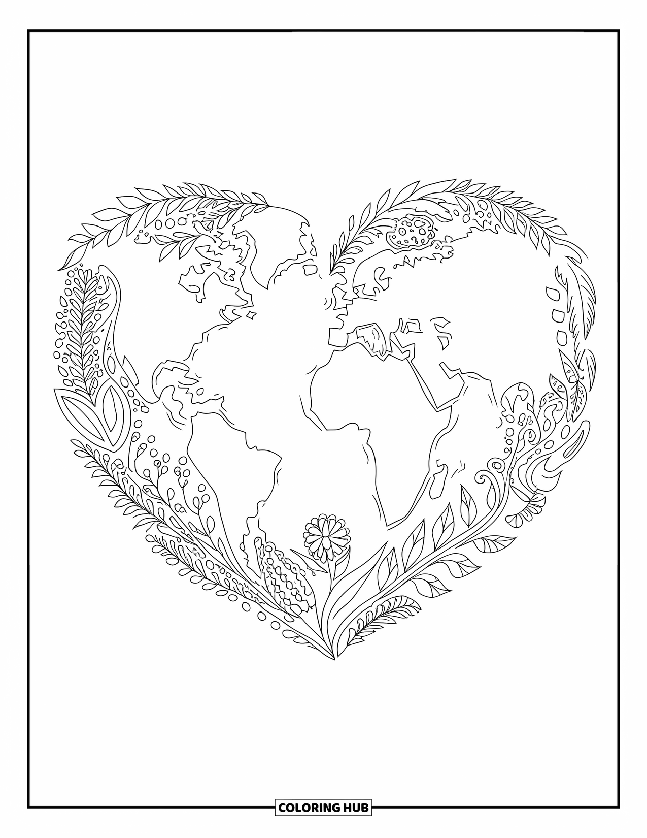 Earth Coloring Page for Adults: Earth shaped like a heart, filled with intricate plant and flower designs, surrounded by a decorative border
