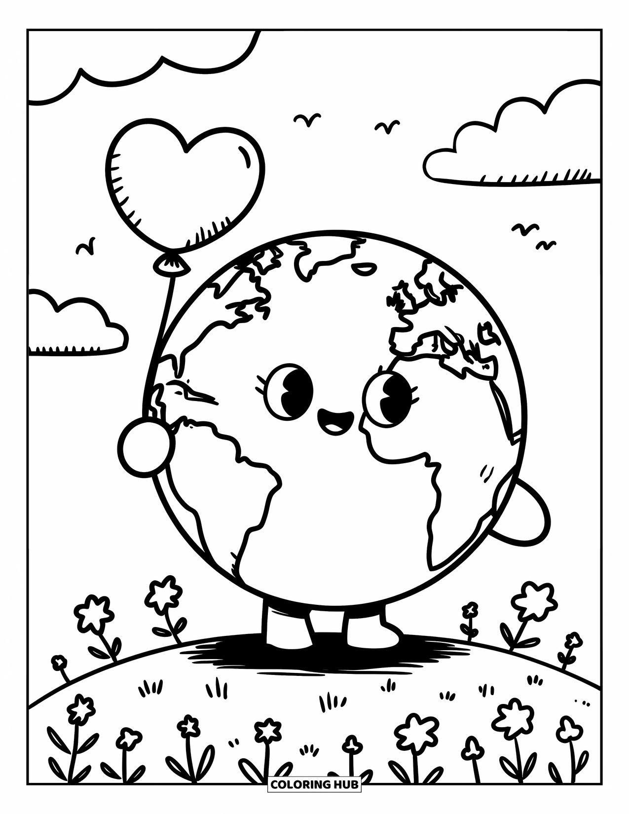 Earth Coloring Page for Adults: Earth with a heart-shaped balloon on a grassy hill, with clouds and small birds in the sky