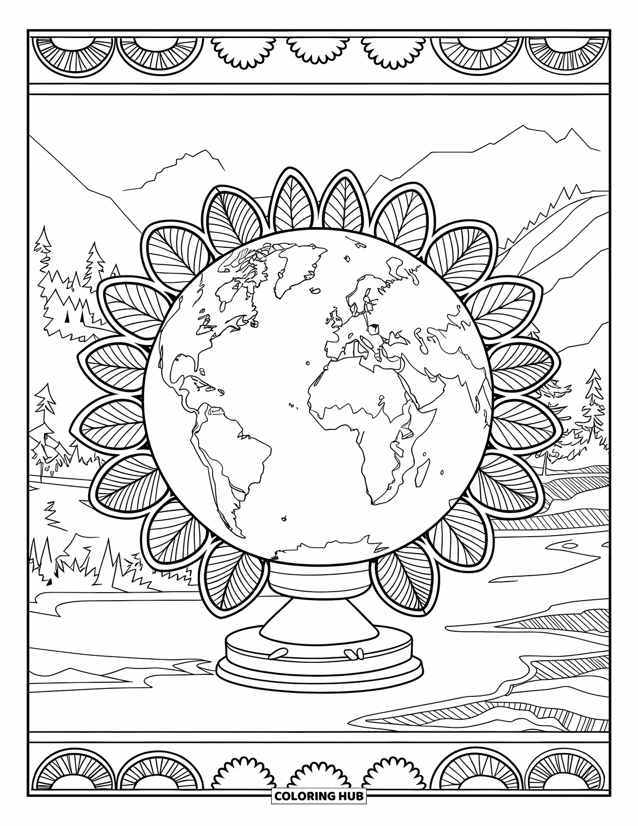 Earth Coloring Page for Adults: Earth with detailed continents, surrounded by concentric rings of nature patterns, set on a pedestal