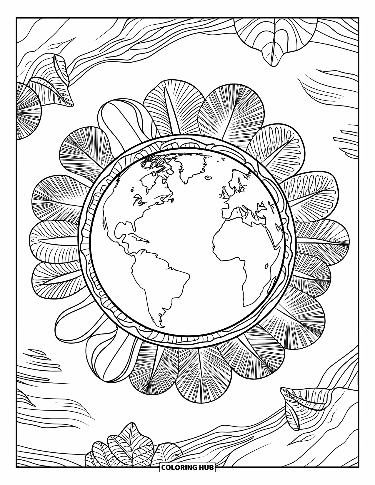 Earth Coloring Page for Adults: Earth with detailed continents, surrounded by nature patterns and a serene background