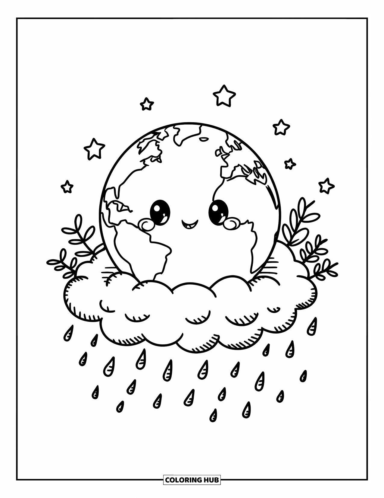 Earth Coloring Page for Adults: Kawaii Earth on a fluffy cloud, with plants sprouting, stars surrounding it, and raindrops below