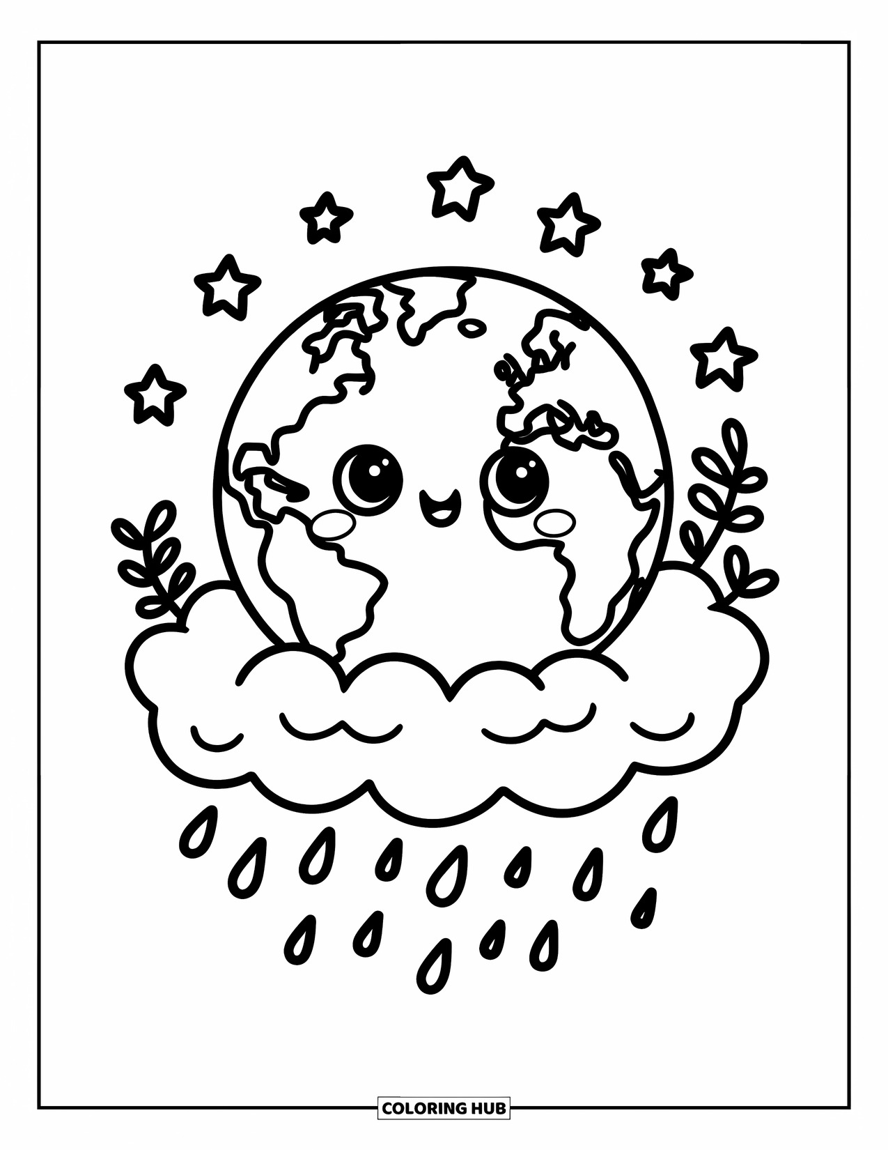 Earth Coloring Page for Adults: Kawaii Earth sitting on a fluffy cloud, surrounded by stars, plants, and raindrops falling below