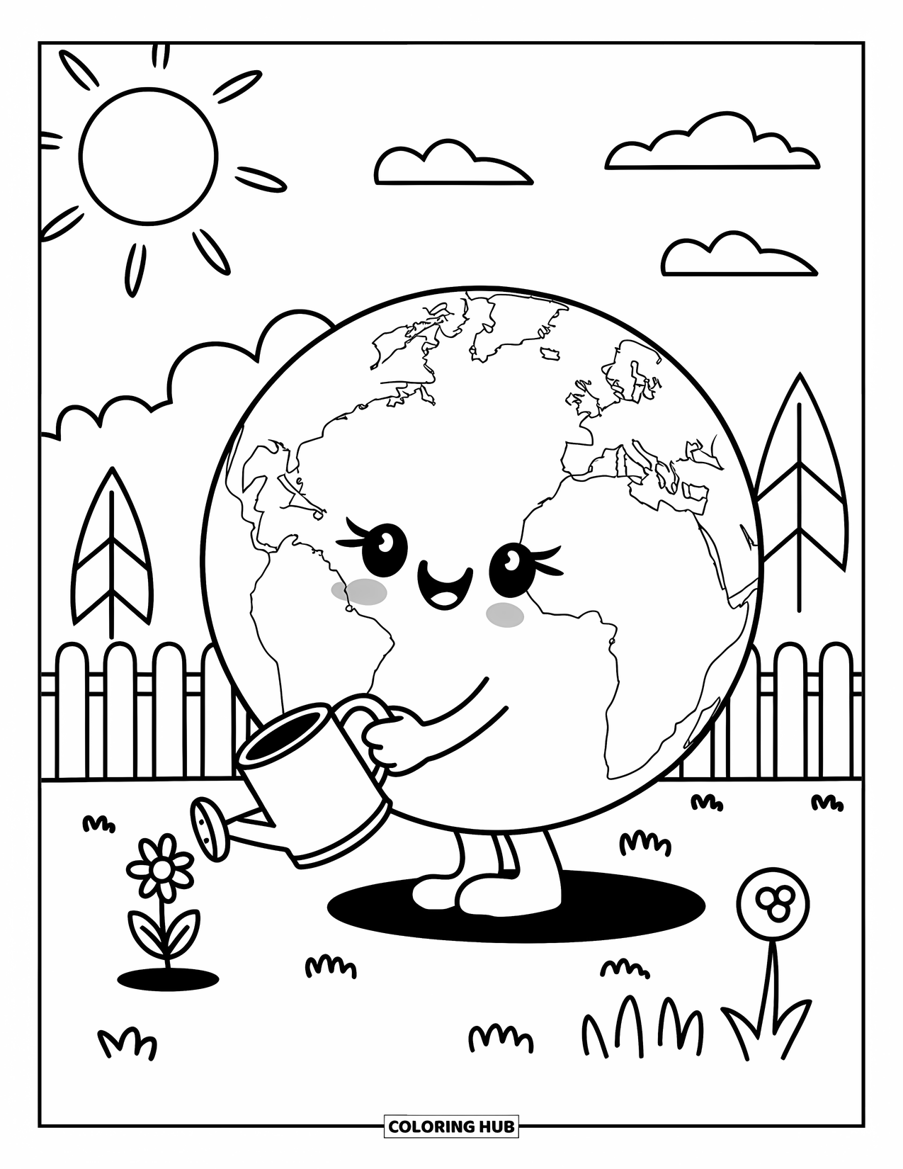 Earth Coloring Page for Adults: Kawaii Earth watering a flower with a tiny can, under the sun with clouds and trees