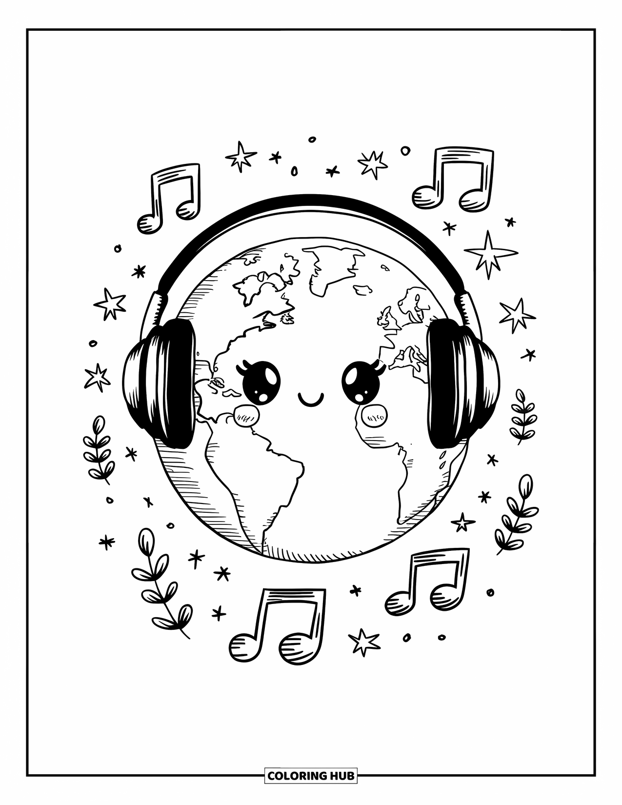 Earth Coloring Page for Adults: Kawaii Earth wearing headphones, surrounded by floating musical notes, tiny plants, and stars