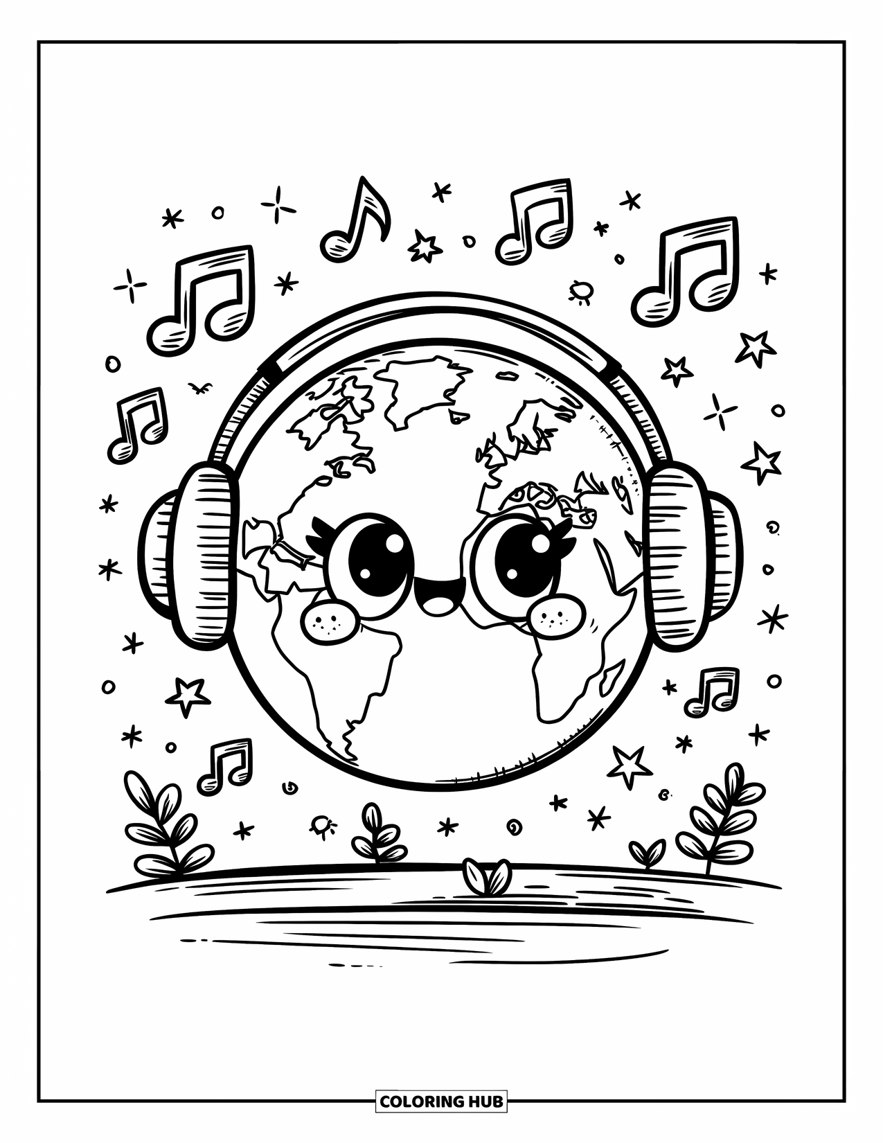 Earth Coloring Page for Adults: Kawaii Earth with headphones, floating musical notes, plants, and stars, with simplified shapes and soft curves