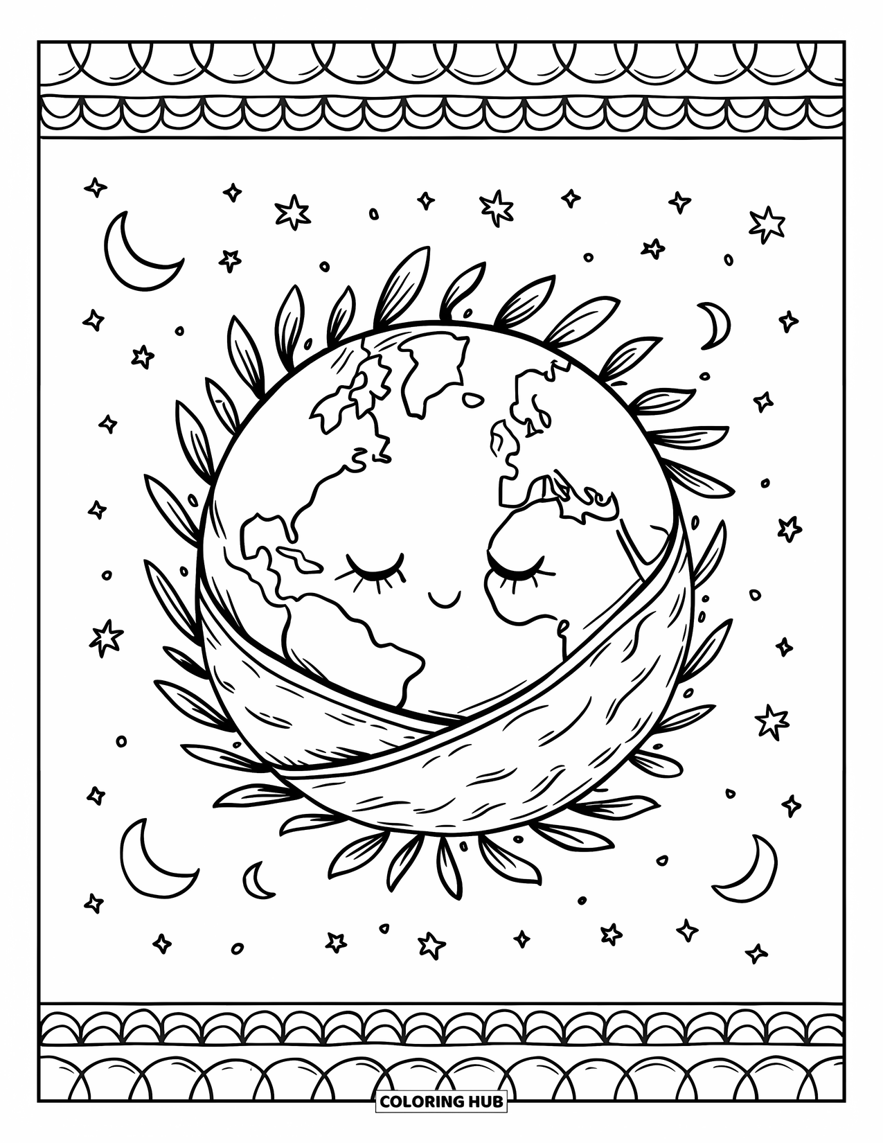 Earth Coloring Page for Adults: Sleepy Earth in a cozy leaf blanket, with moons and stars, and a simple patterned border