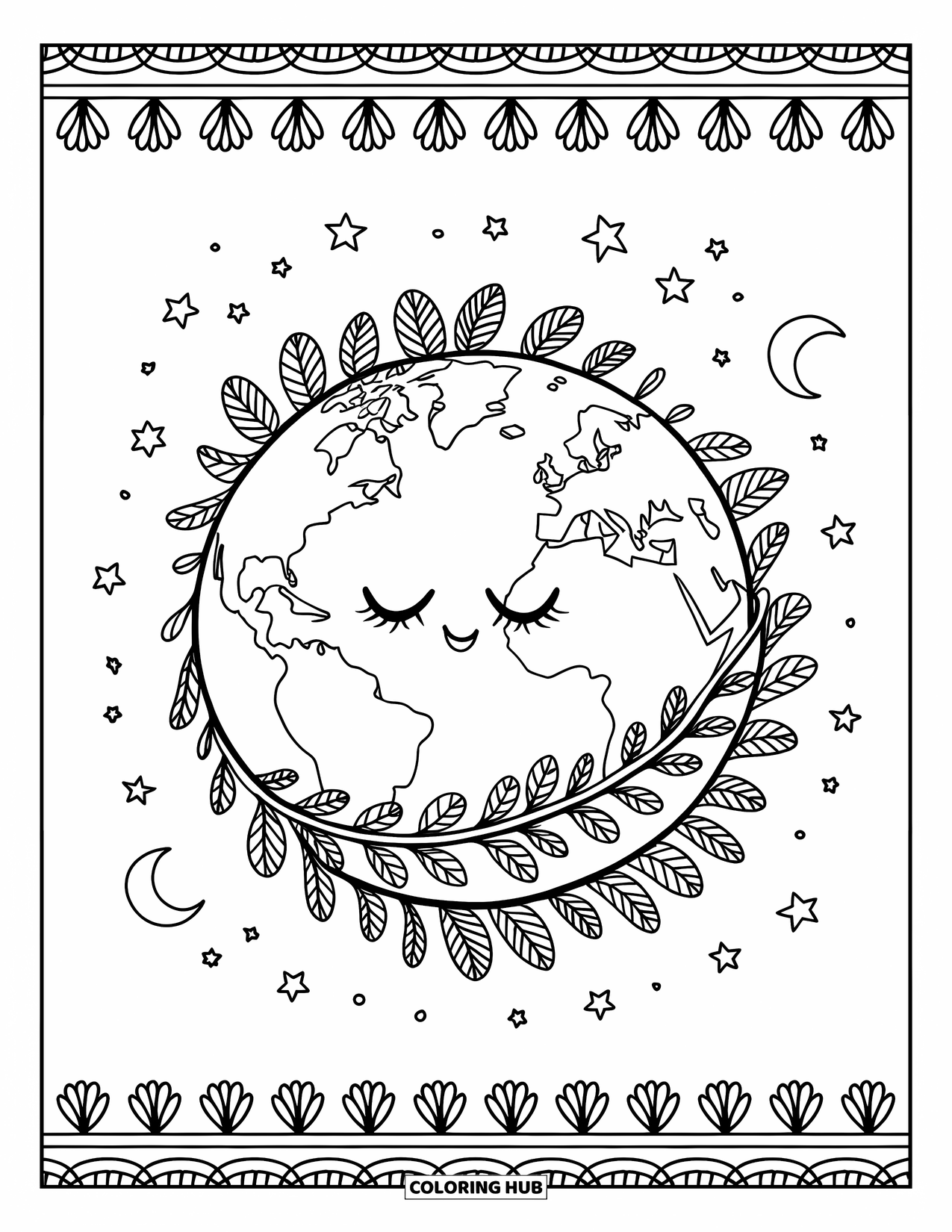Earth Coloring Page for Adults: Sleepy Earth wrapped in a cozy leaf blanket, surrounded by stars and moons, with a simple border