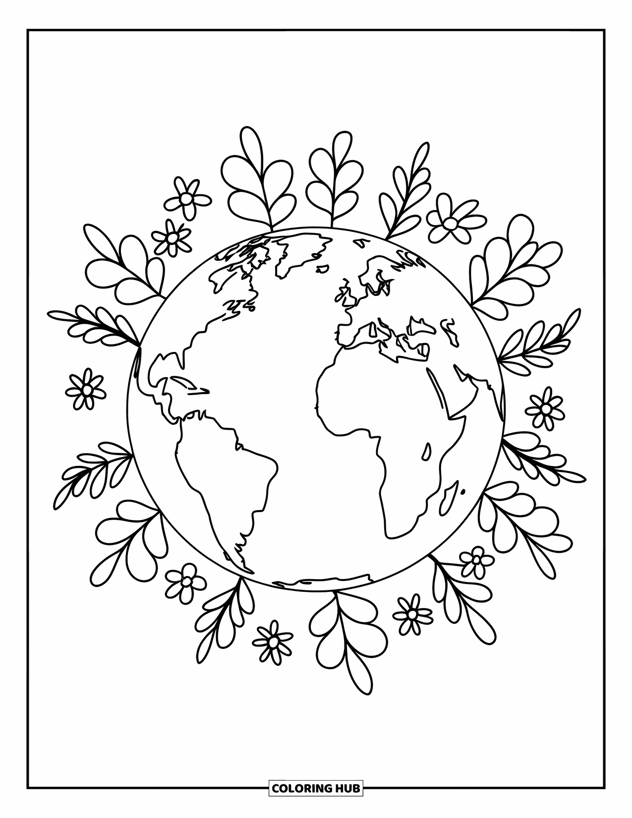 Earth Coloring Page for Kids: A cartoon-style Earth surrounded by simple flowers and leaves, for preschoolers