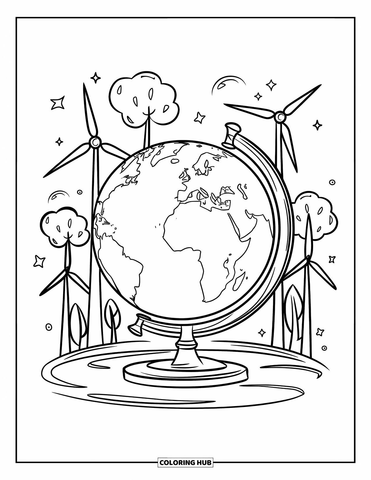 Earth Coloring Page for Kids: A globe on a stand, surrounded by eco-friendly symbols like wind turbines and trees