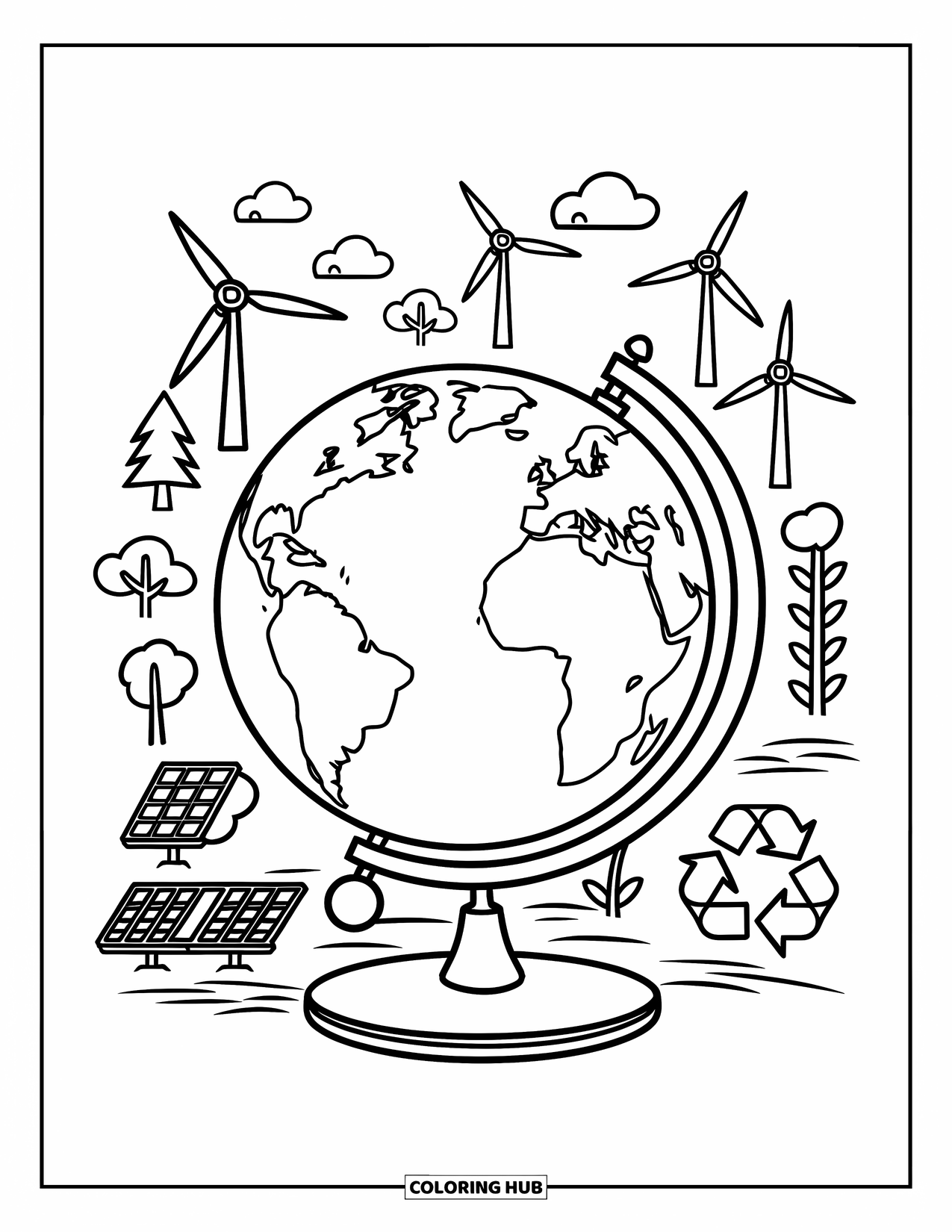 Earth Coloring Page for Kids: A globe on a stand with eco-friendly symbols, including wind turbines, trees, and a solar panel