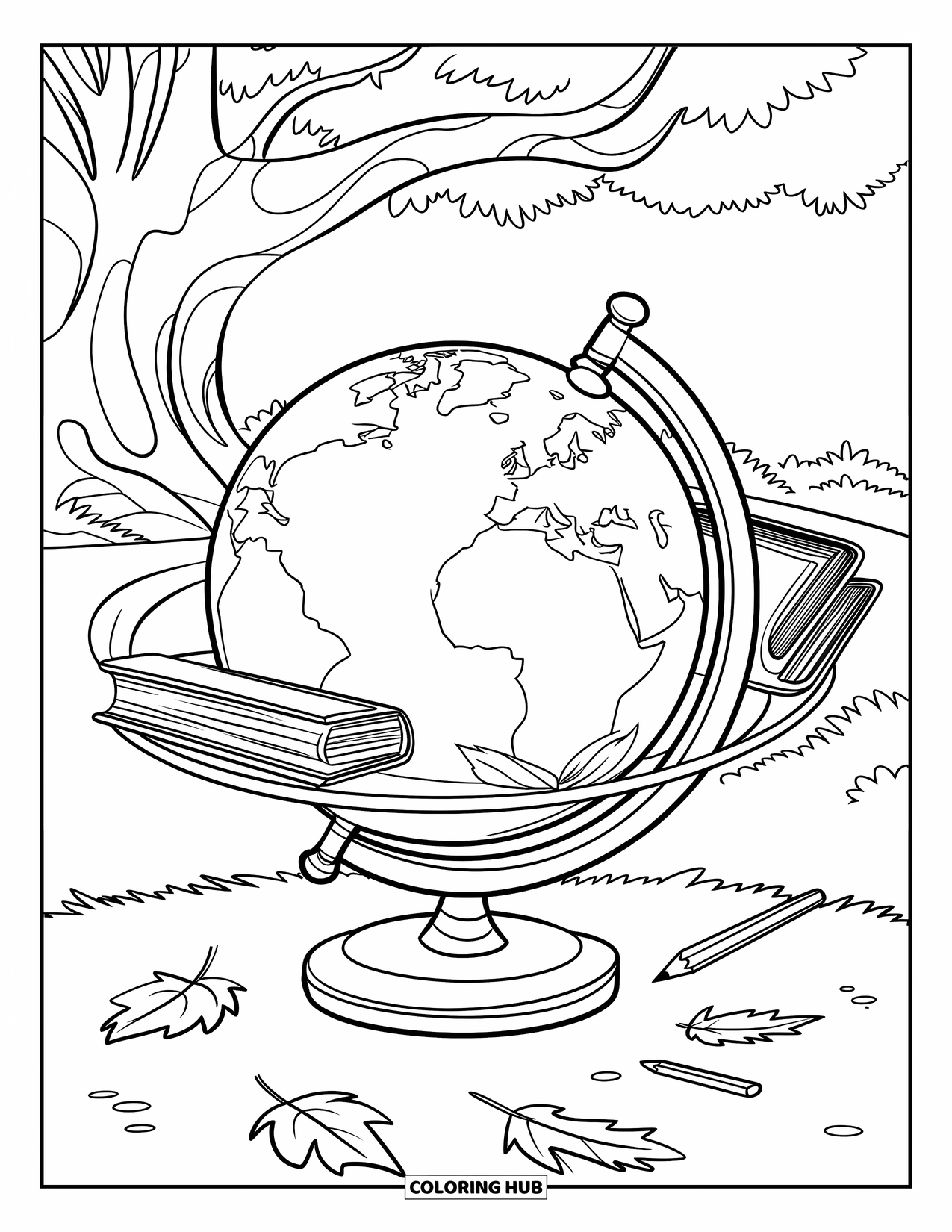 Earth Coloring Page for Kids: A globe on a wooden stand, with books, pencils, and leaves circling it, and a tree in the background