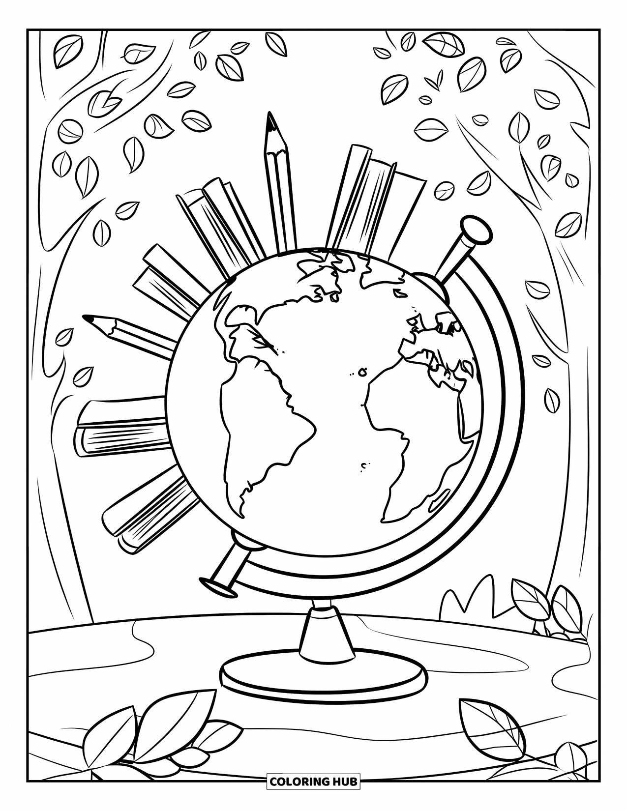 Earth Coloring Page for Kids: A globe surrounded by books, pencils, and leaves, with trees in the background