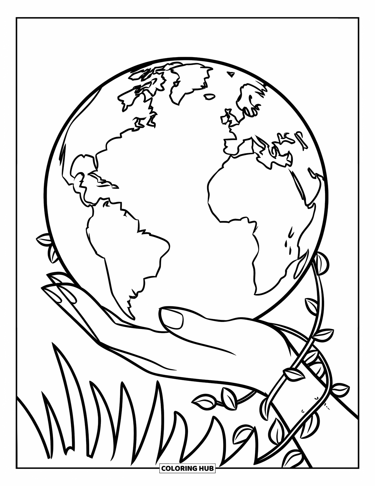 Earth Coloring Page for Kids: A hand holding a giant Earth, with vines wrapped around the wrist, on a white background