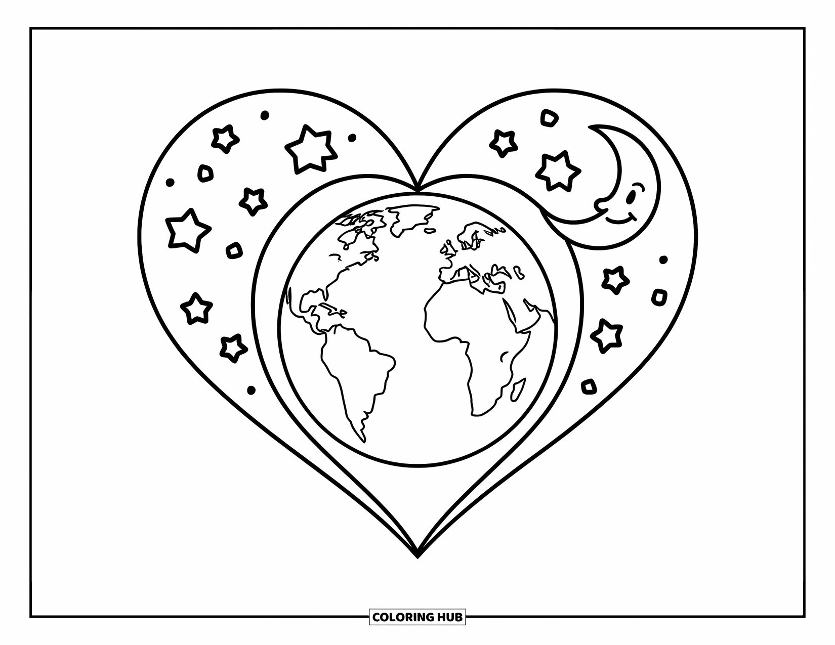 Earth Coloring Page for Kids: A heart shape with Earth inside it, surrounded by stars and a smiling moon