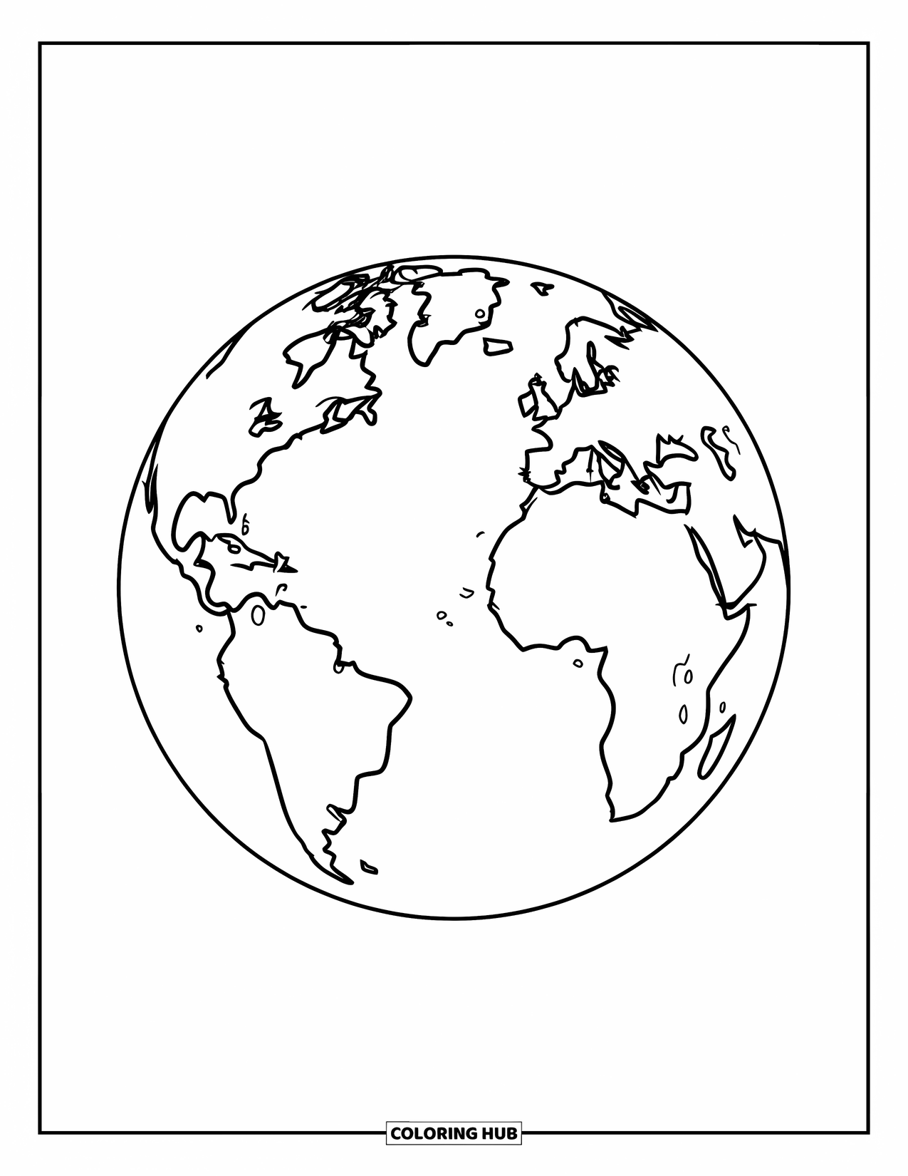 Earth Coloring Page for Kids: A large Earth with bold outlines, showing continents and oceans, suitable for preschoolers