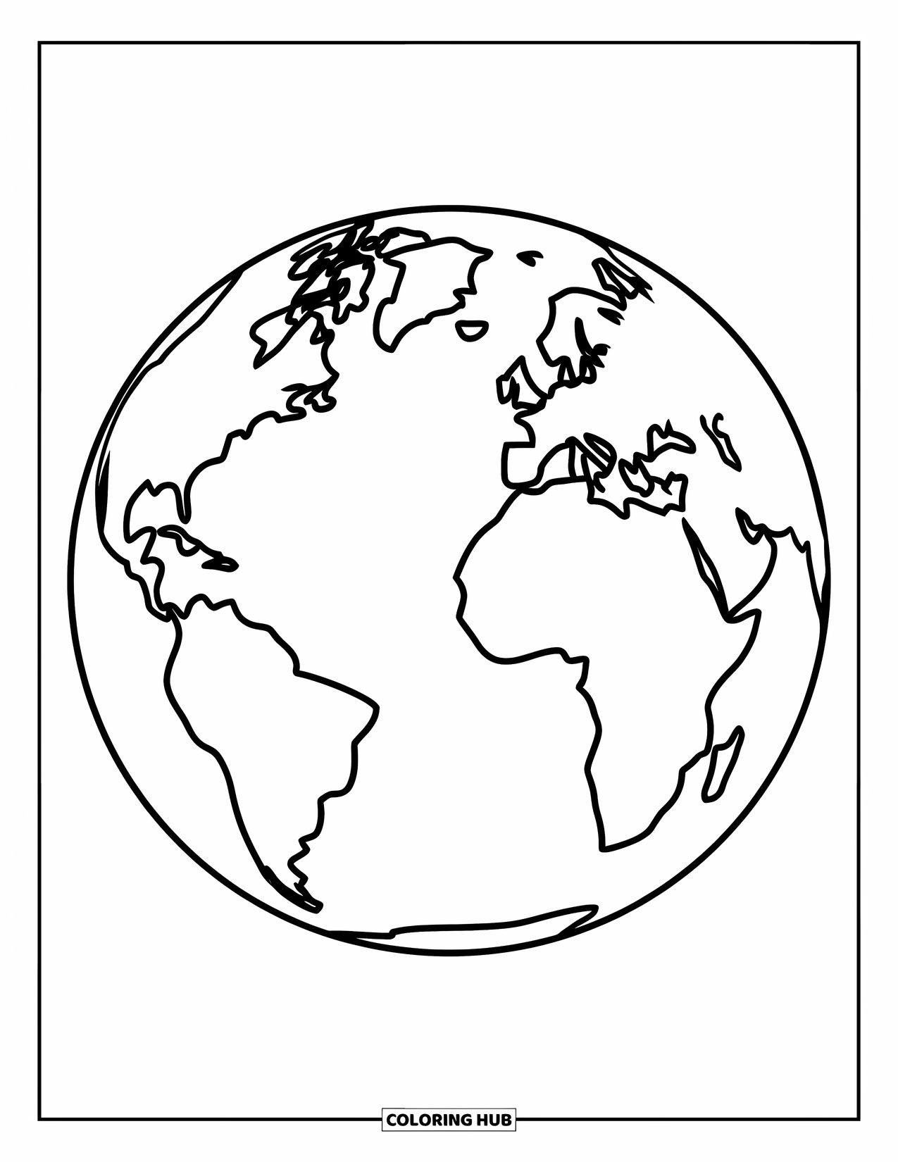 Earth Coloring Page for Kids: A large Earth with continents and oceans, designed for easy coloring, with bold outlines