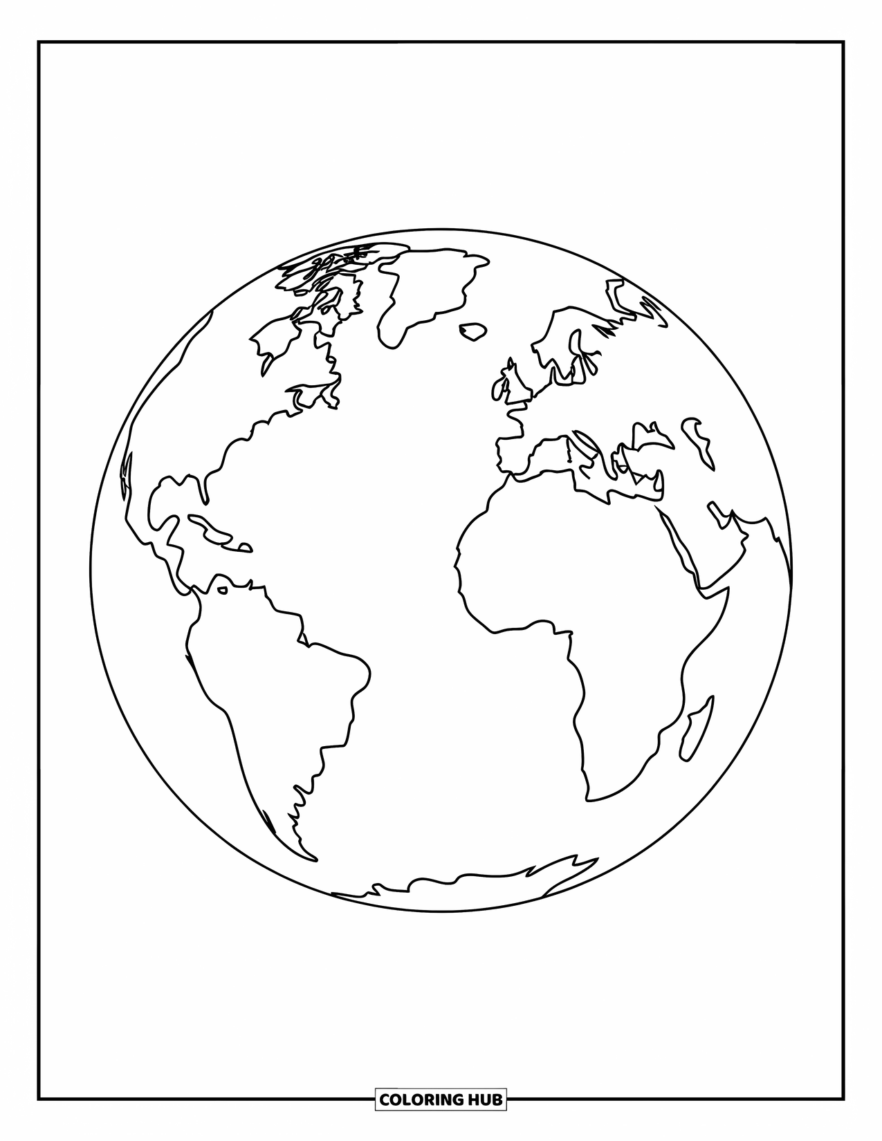 Earth Coloring Page for Kids: A large, simple Earth with bold outlines, showing continents and oceans, on a white background