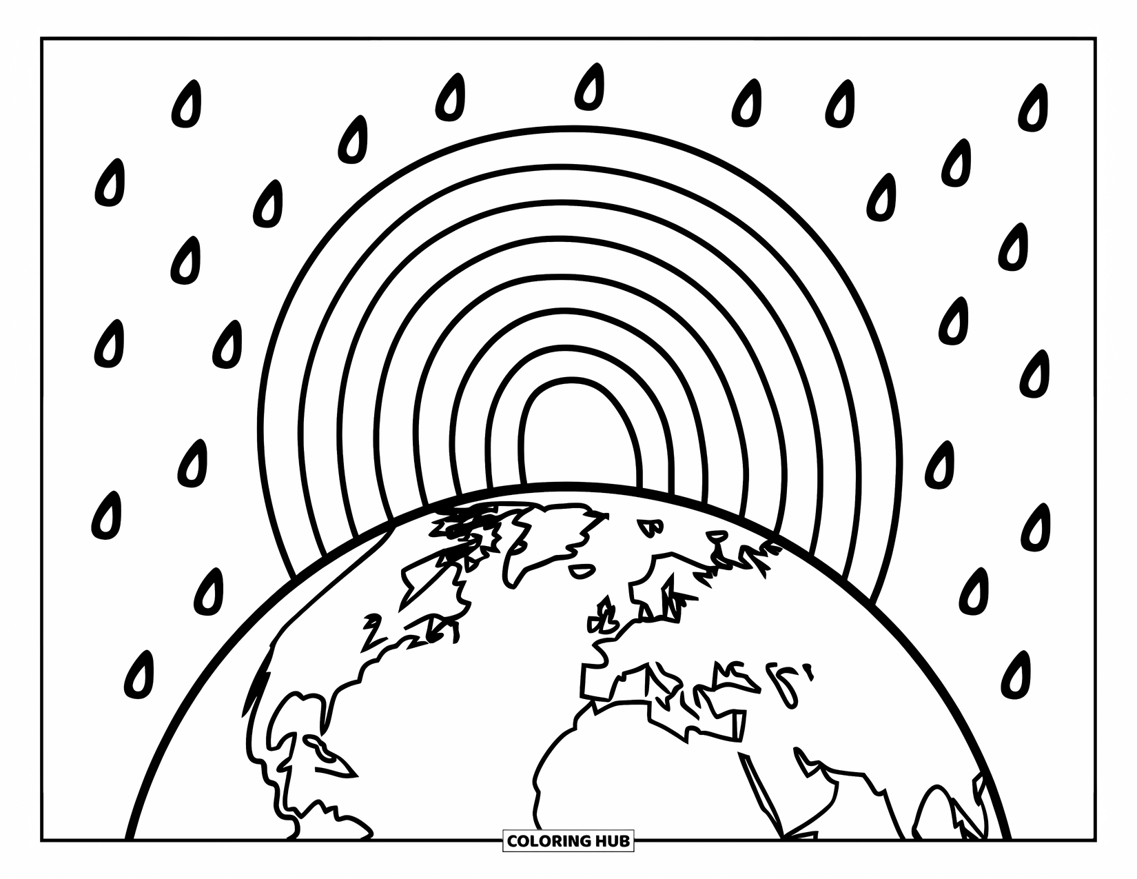 Earth Coloring Page for Kids: A rainbow arching over Earth, with raindrops, designed for preschoolers with bold outlines