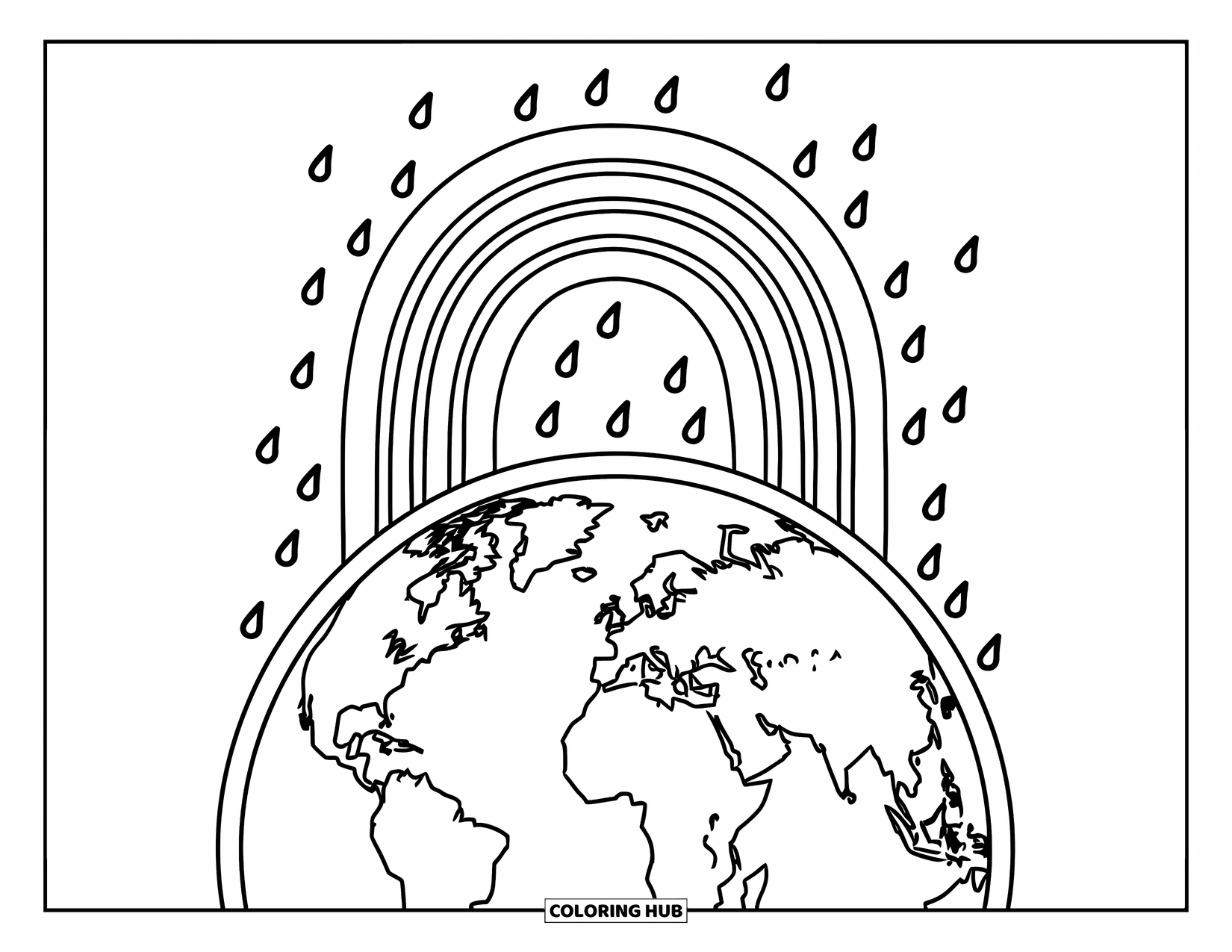 Earth Coloring Page for Kids: A rainbow over a bold Earth, with raindrops scattered around, in bold outlines